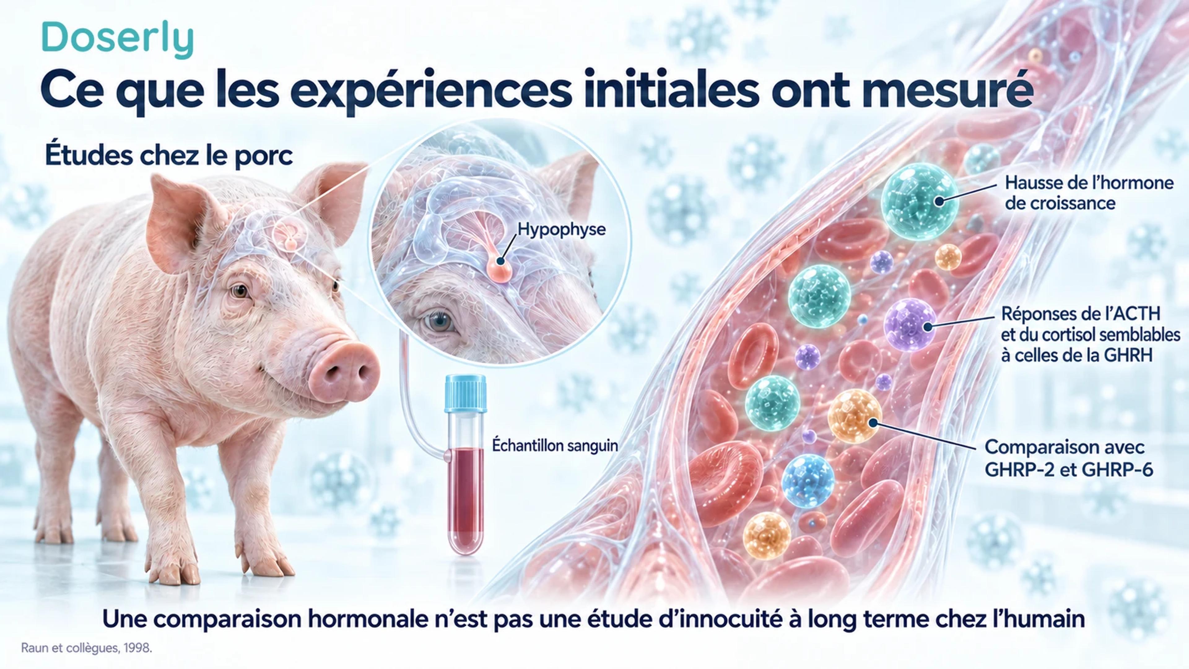 Un porc, un encadré montrant l’hypophyse et un échantillon sanguin schématique expliquent les hormones comparées dans l’étude initiale sur l’ipamoréline.