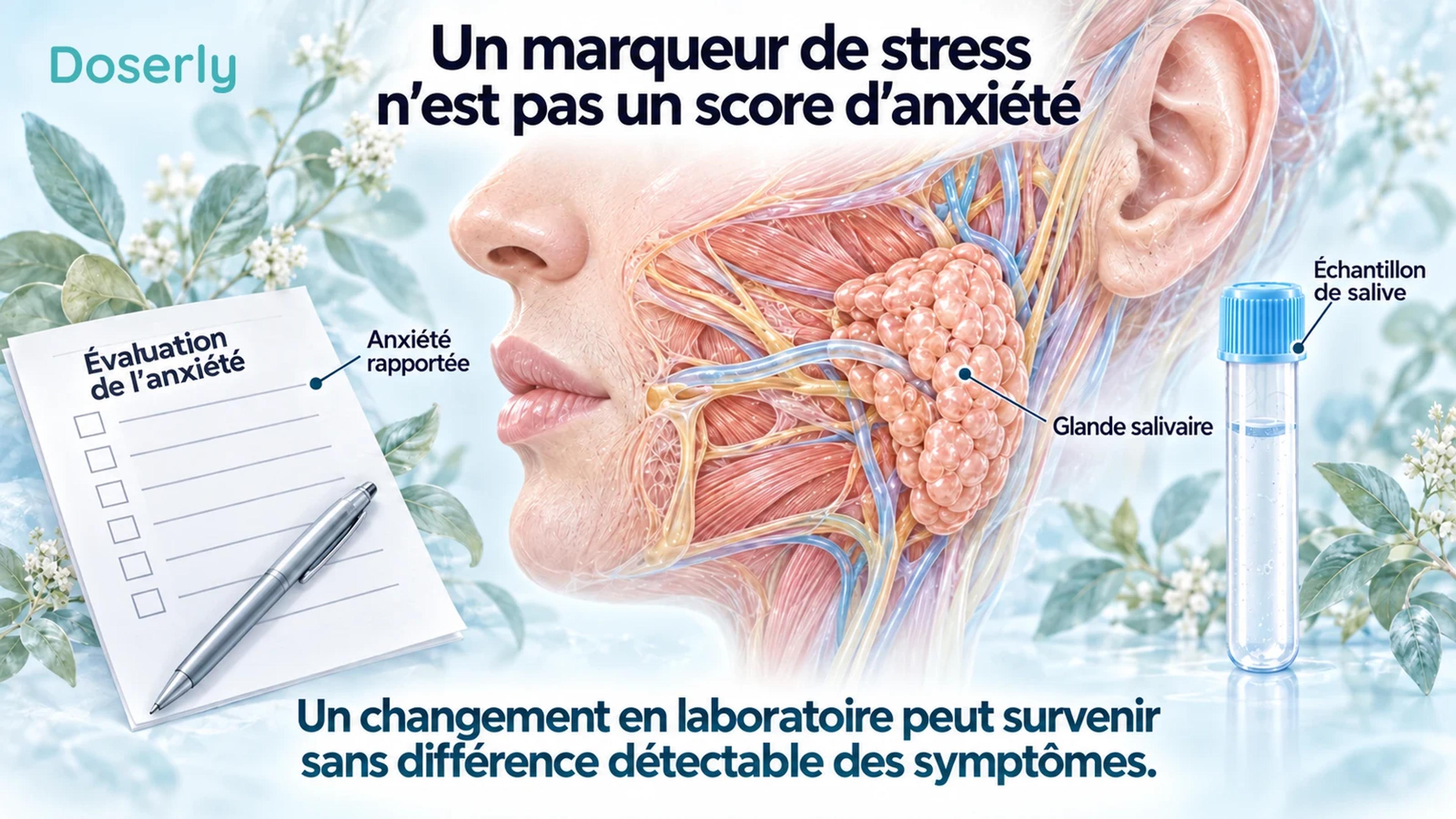 Une illustration de glande salivaire, de tube de salive et de questionnaire sur l’anxiété distingue un marqueur de laboratoire des symptômes rapportés.