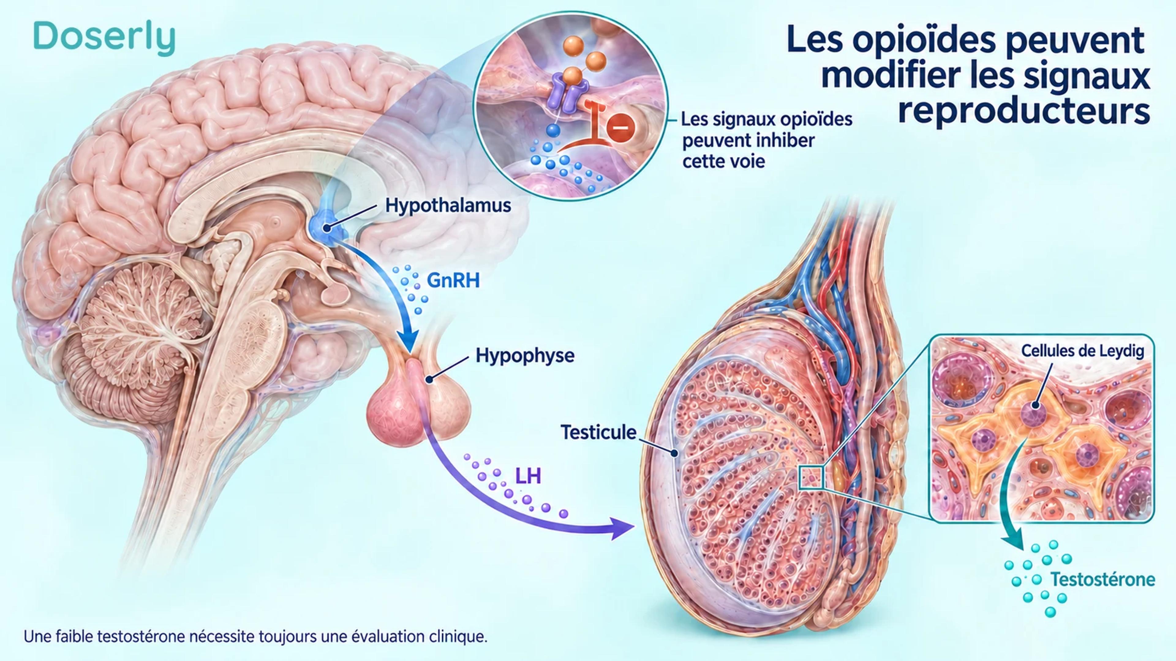 Une illustration anatomique détaillée du cerveau et du testicule montre la GnRH hypothalamique, la LH hypophysaire et la production testiculaire de testostérone, avec une annotation sur la suppression par les opioïdes.