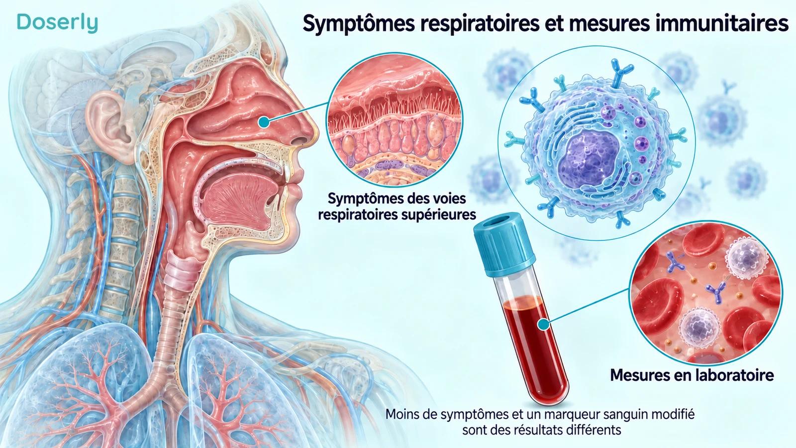 Une coupe détaillée des voies respiratoires supérieures, une cellule immunitaire et un échantillon de sang distinguent les symptômes respiratoires des mesures immunitaires en laboratoire.
