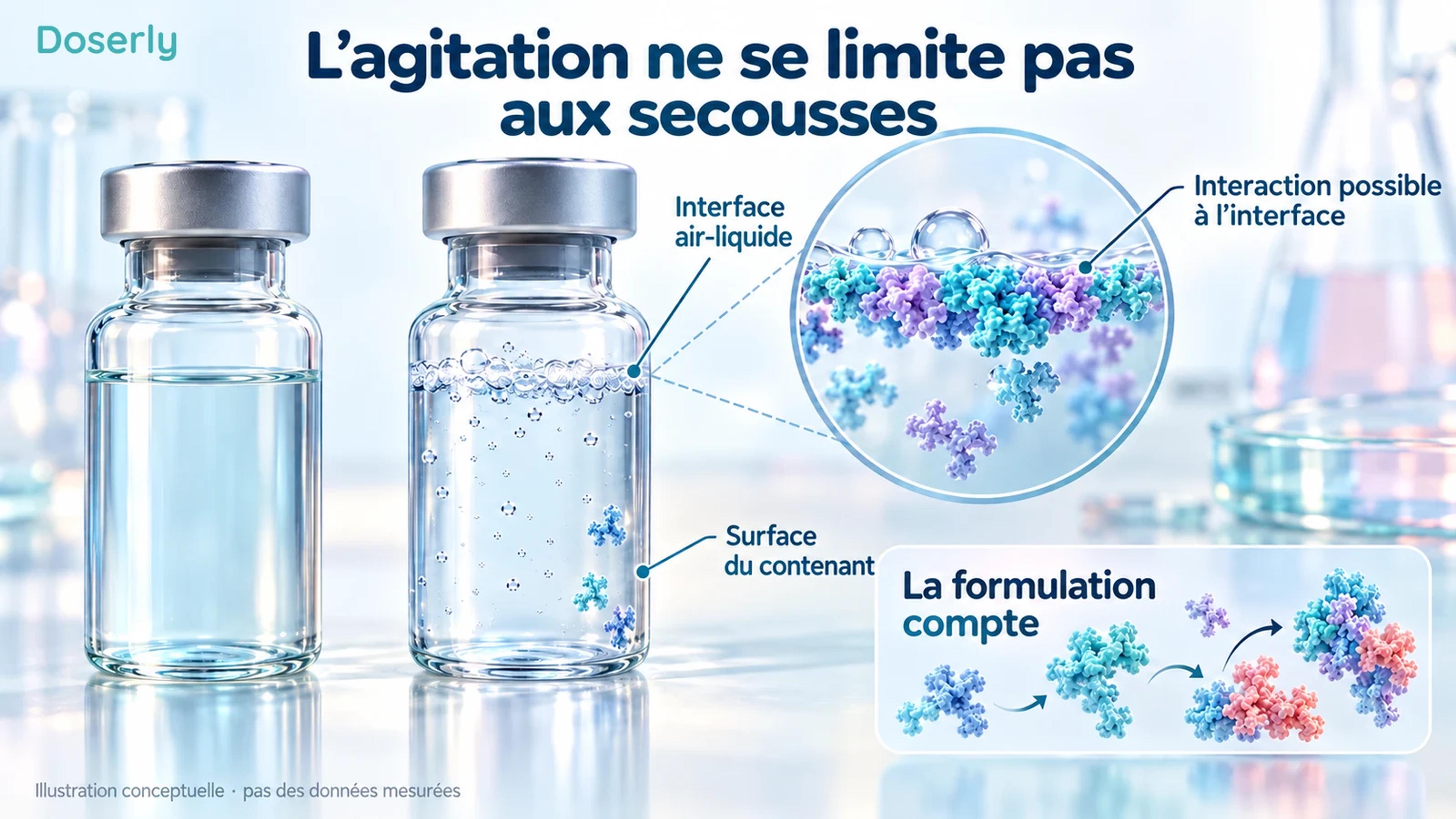 Une fiole en mouvement doux et une fiole agitée, avec un agrandissement de l’interface air-liquide montrant une possible association moléculaire.