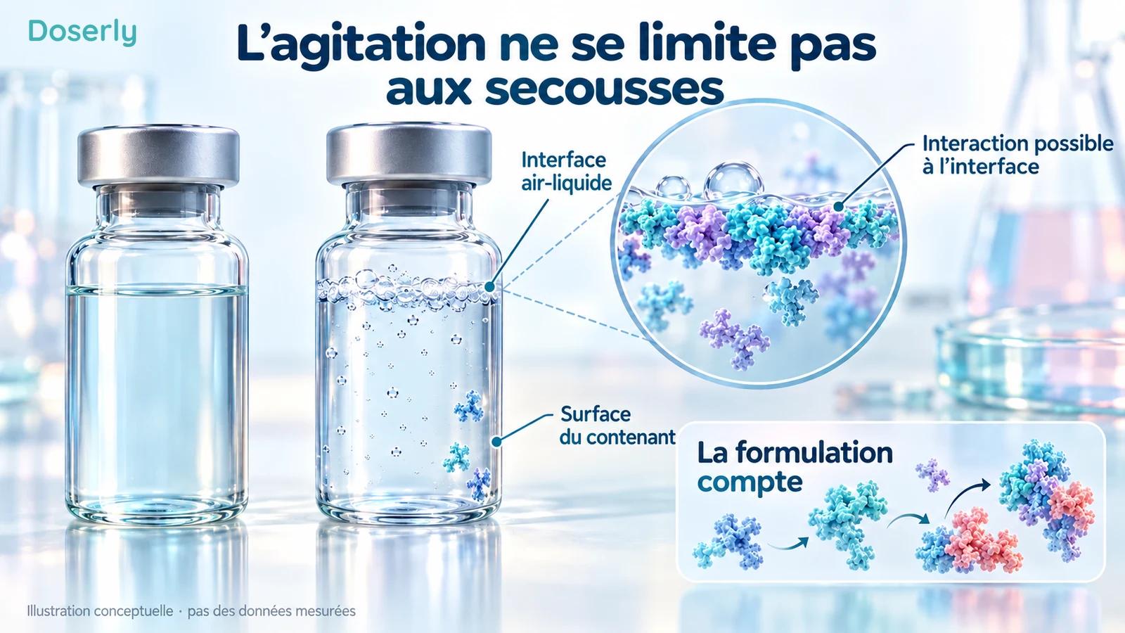 Une fiole en mouvement doux et une fiole agitée, avec un agrandissement de l’interface air-liquide montrant une possible association moléculaire.