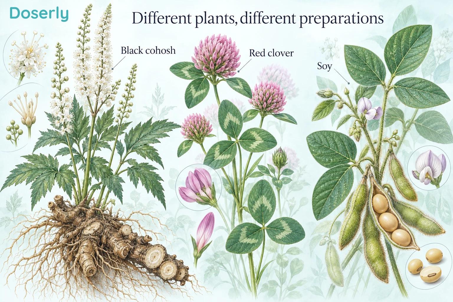 Detailed botanical illustrations of black cohosh, red clover and soy with their different flowers, leaves, roots and pods.