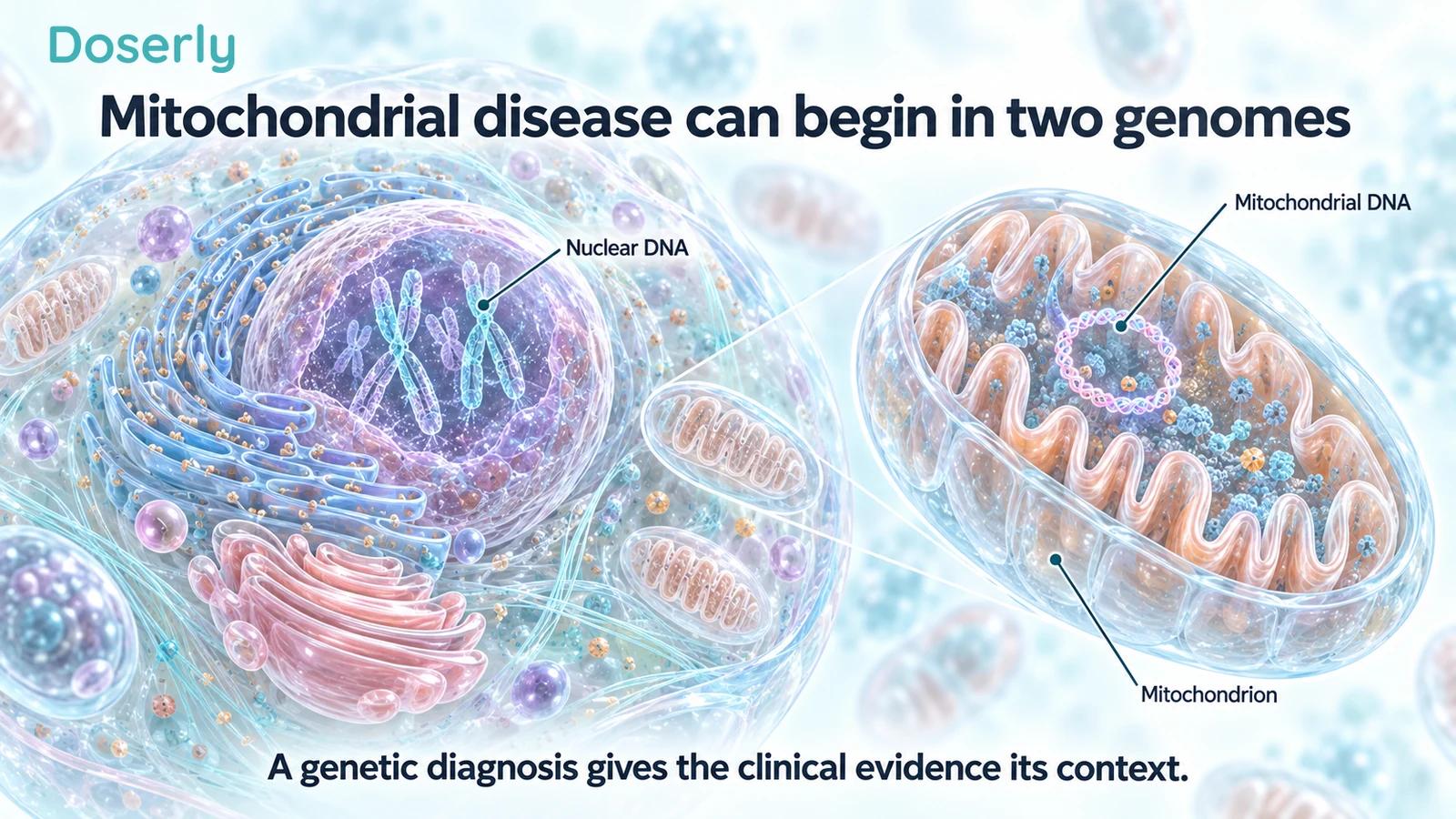 Detailed cell illustration distinguishing nuclear DNA from mitochondrial DNA inside a mitochondrion.
