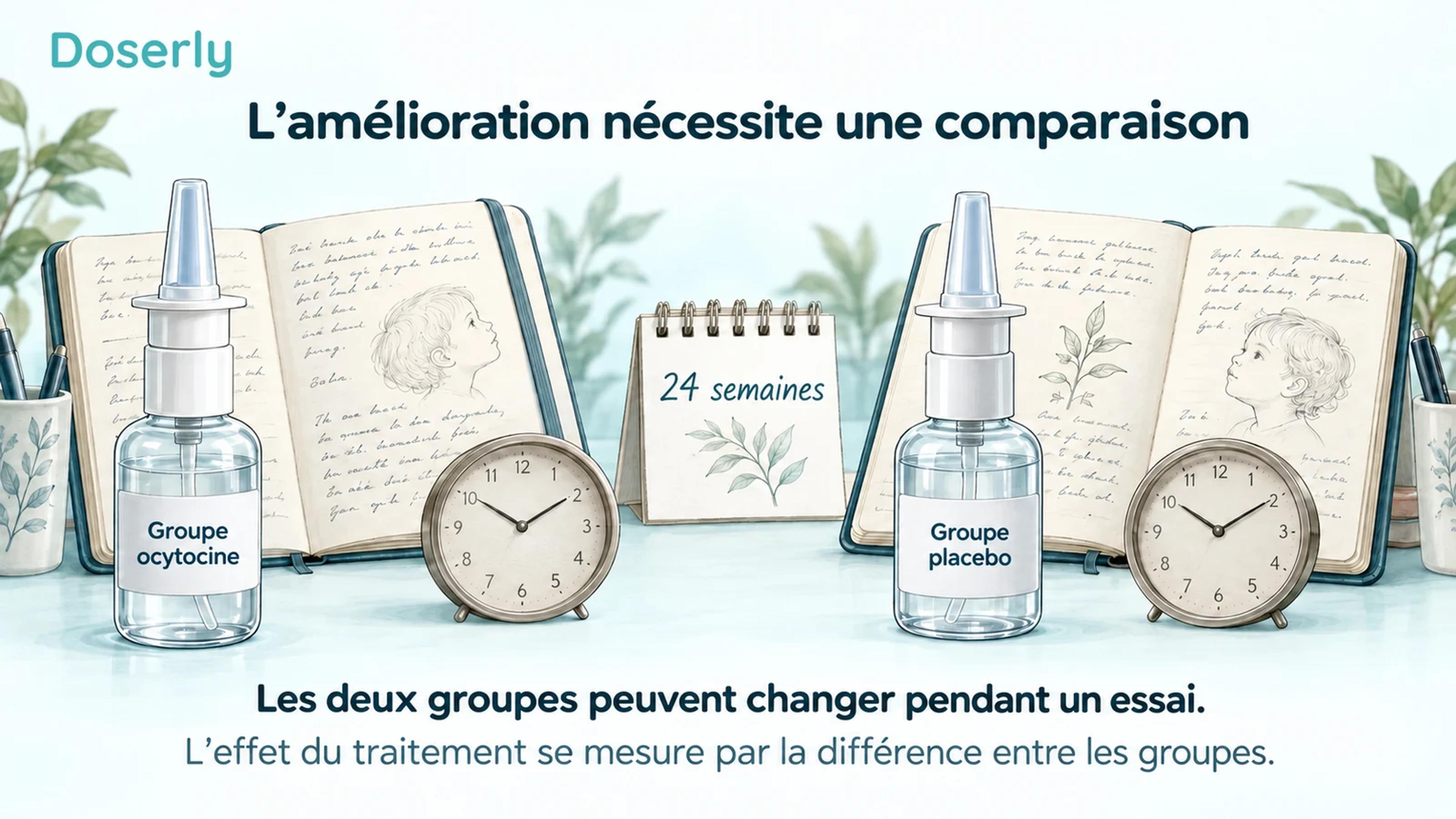 Vaporisateurs conceptuels assortis d’ocytocine et de placebo, à côté de carnets d’observations, d’horloges et d’un calendrier indiquant 24 semaines.