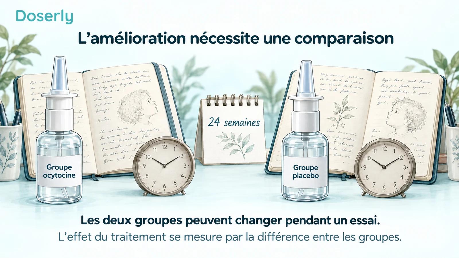 Vaporisateurs conceptuels assortis d’ocytocine et de placebo, à côté de carnets d’observations, d’horloges et d’un calendrier indiquant 24 semaines.