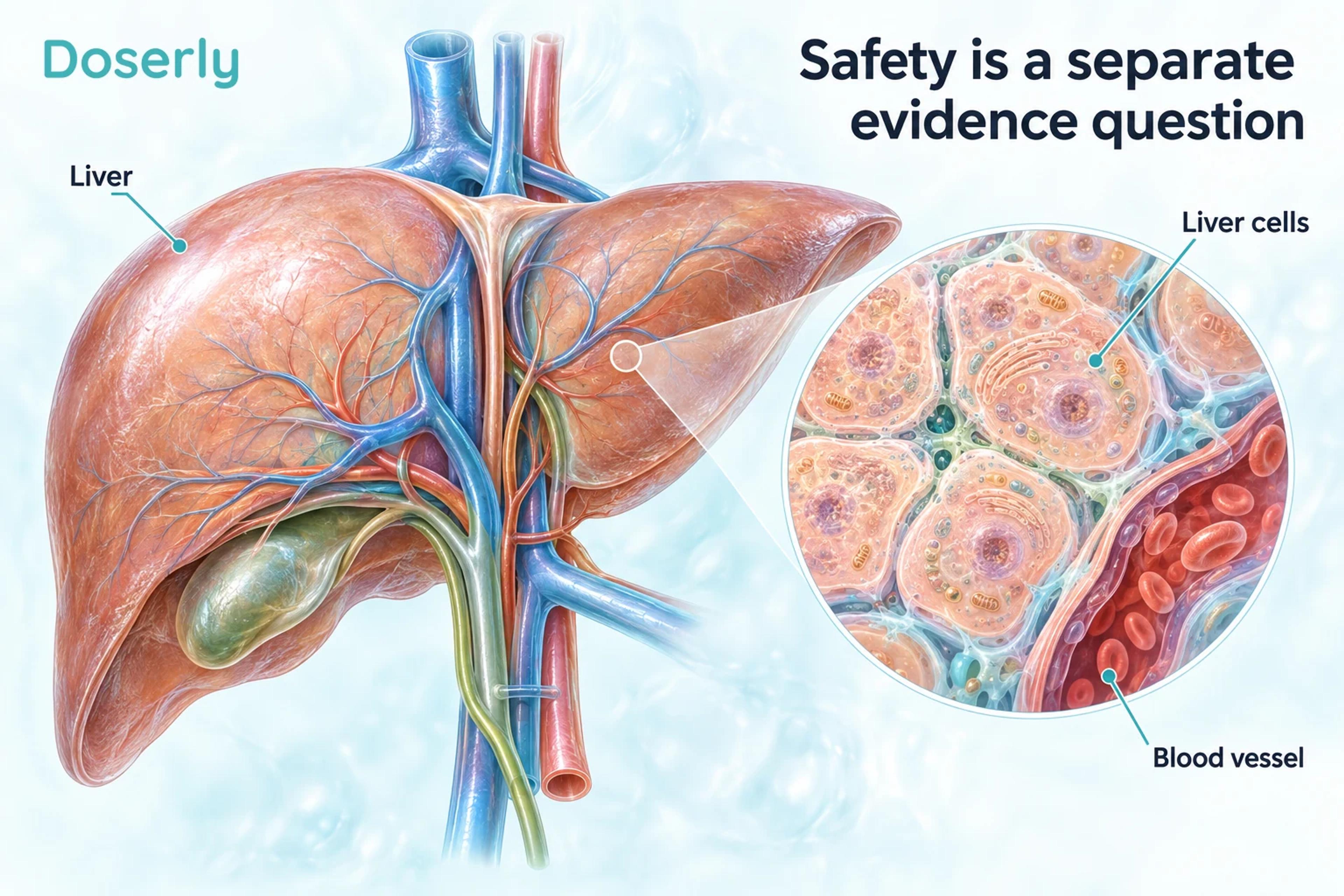 Illustrated liver and enlarged liver cells beside a small blood vessel.