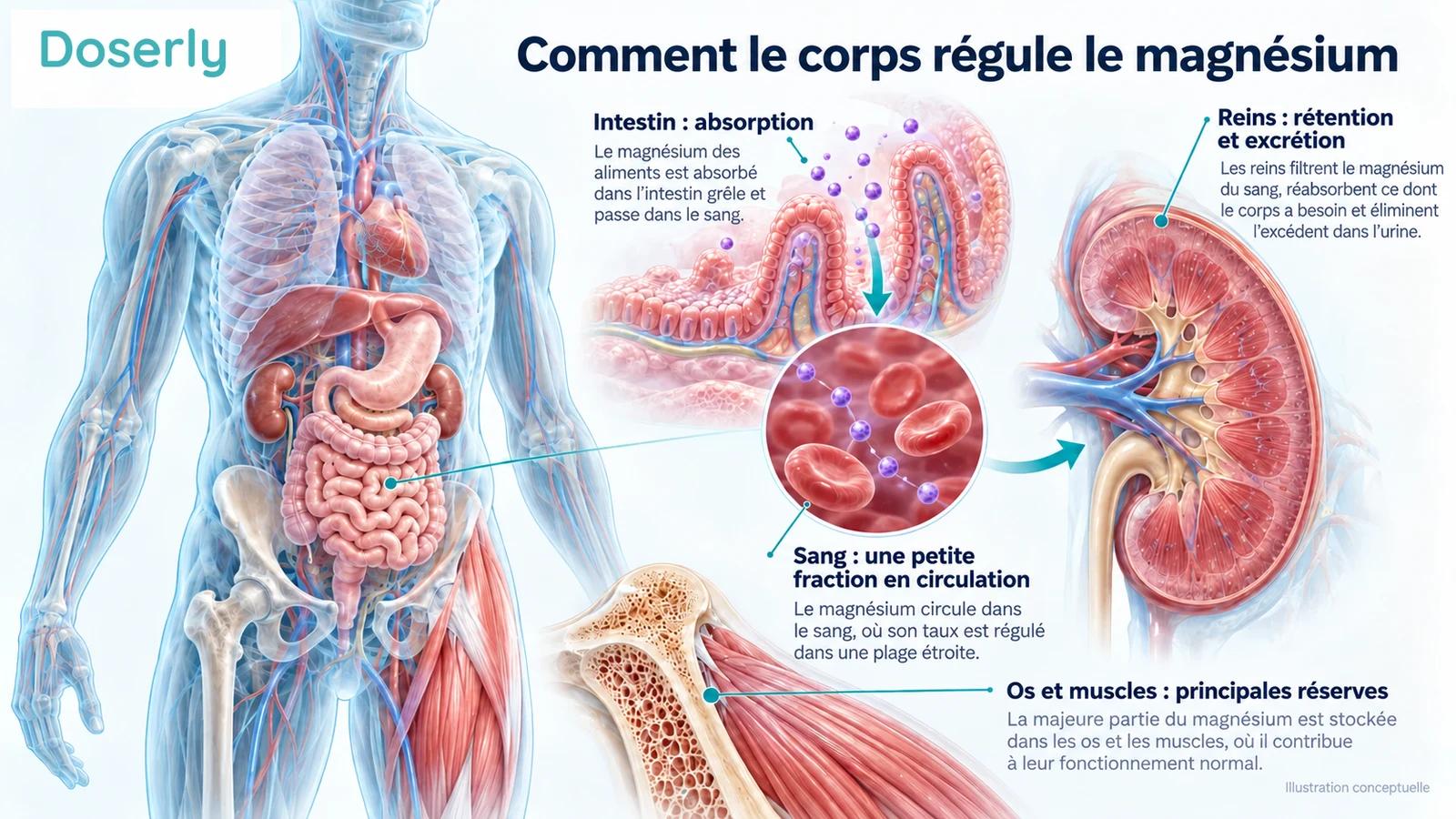 Un corps translucide, des villosités intestinales, un rein et un détail des os et des muscles montrent où le magnésium est absorbé, stocké et régulé.