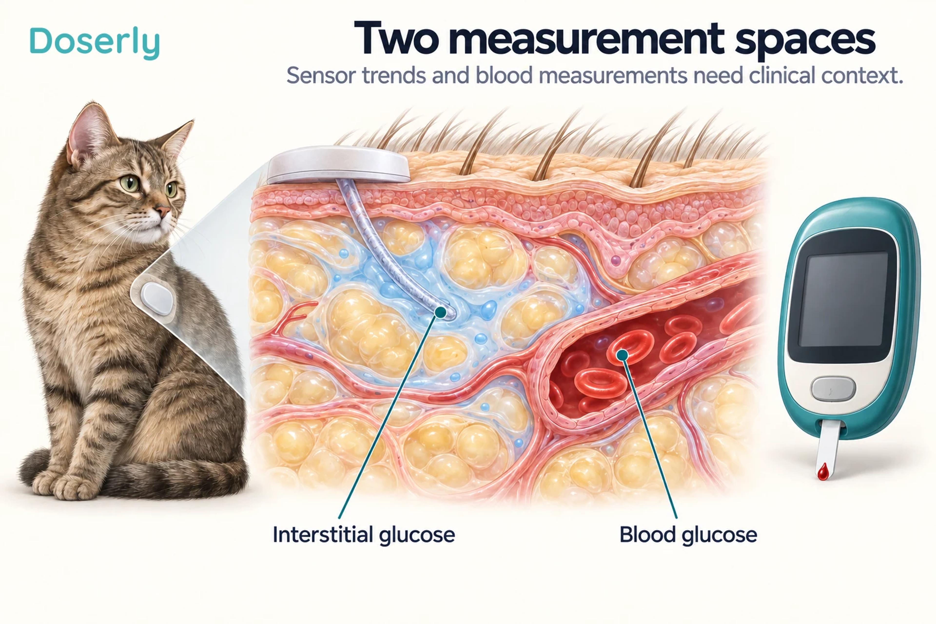 Conceptual feline skin cross-section showing a sensor tip in interstitial tissue beside a separate blood vessel.