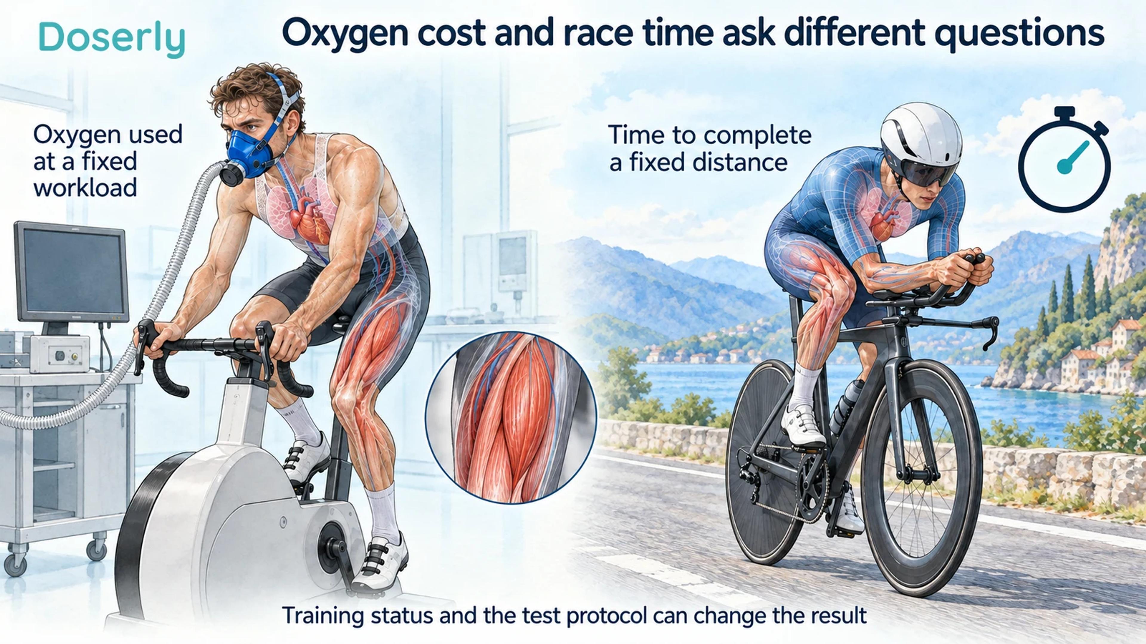 A cyclist wearing a laboratory gas-analysis mask and a cyclist completing a time trial illustrate different outcomes.