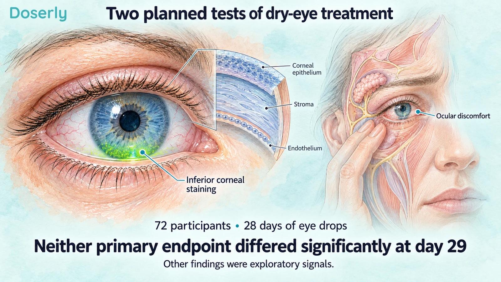 Illustrated eye with inferior corneal staining and a translucent facial cutaway representing ocular discomfort.