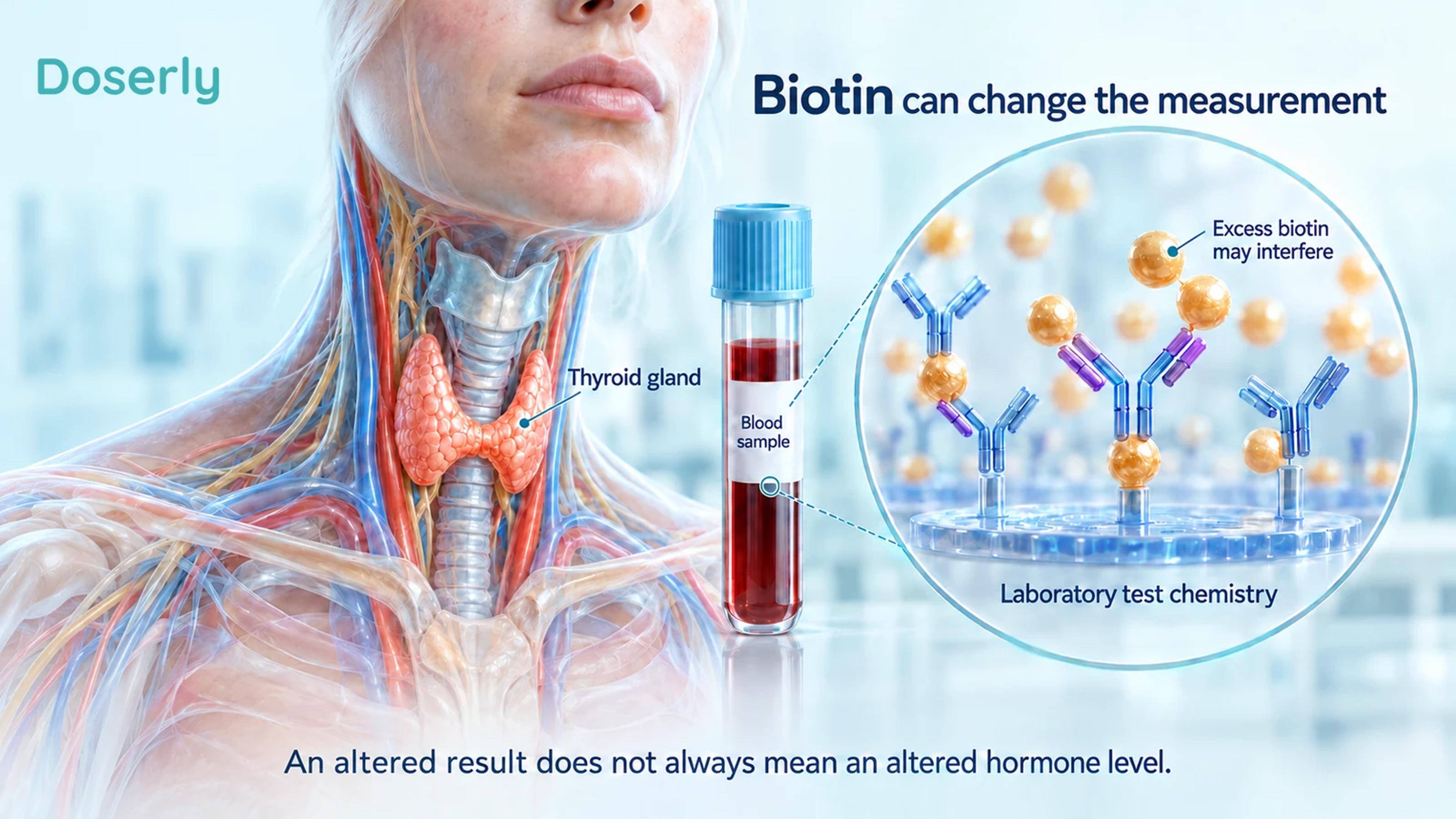 A thyroid gland, blood sample and magnified conceptual laboratory binding system illustrate where biotin can interfere with measurement.