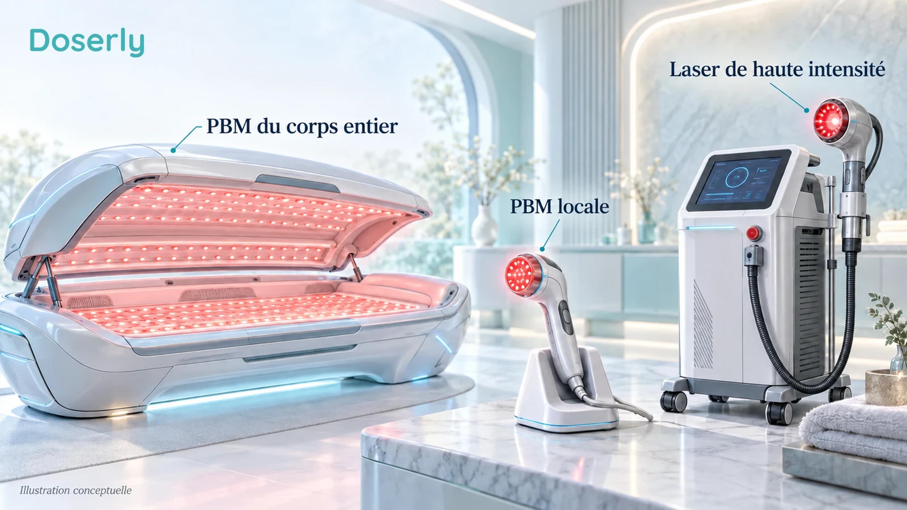 Un lit lumineux vide pour le corps entier, une pièce à main de traitement local et une console distincte de laser de haute intensité illustrent des catégories d’exposition différentes.
