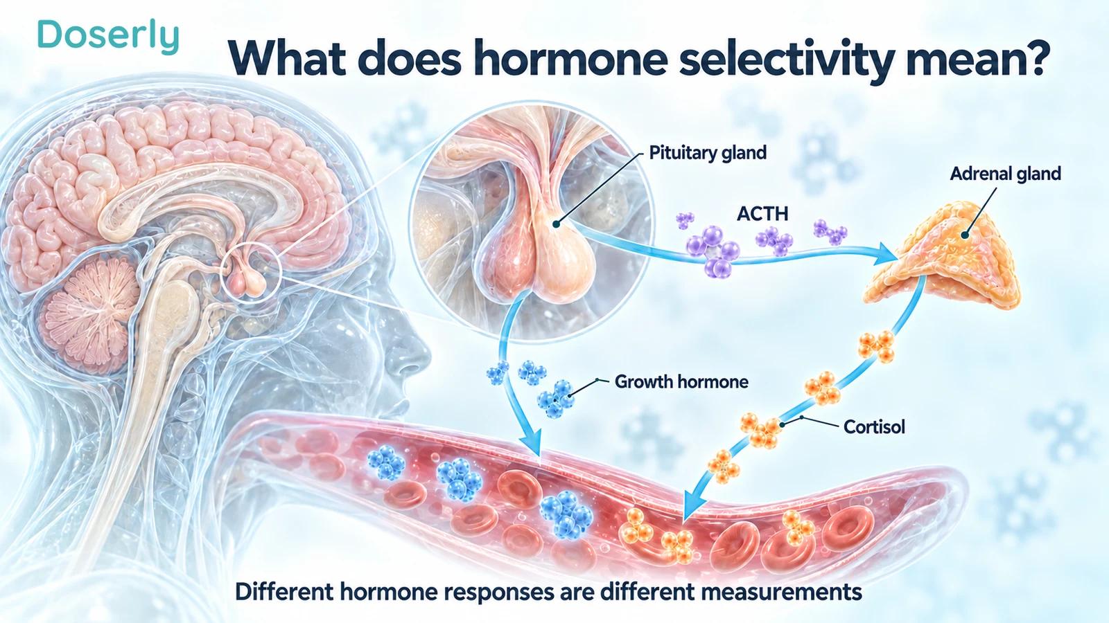 Brain and pituitary cutaway showing separate growth hormone and ACTH pathways, with an isolated adrenal gland releasing cortisol into a conceptual blood vessel.