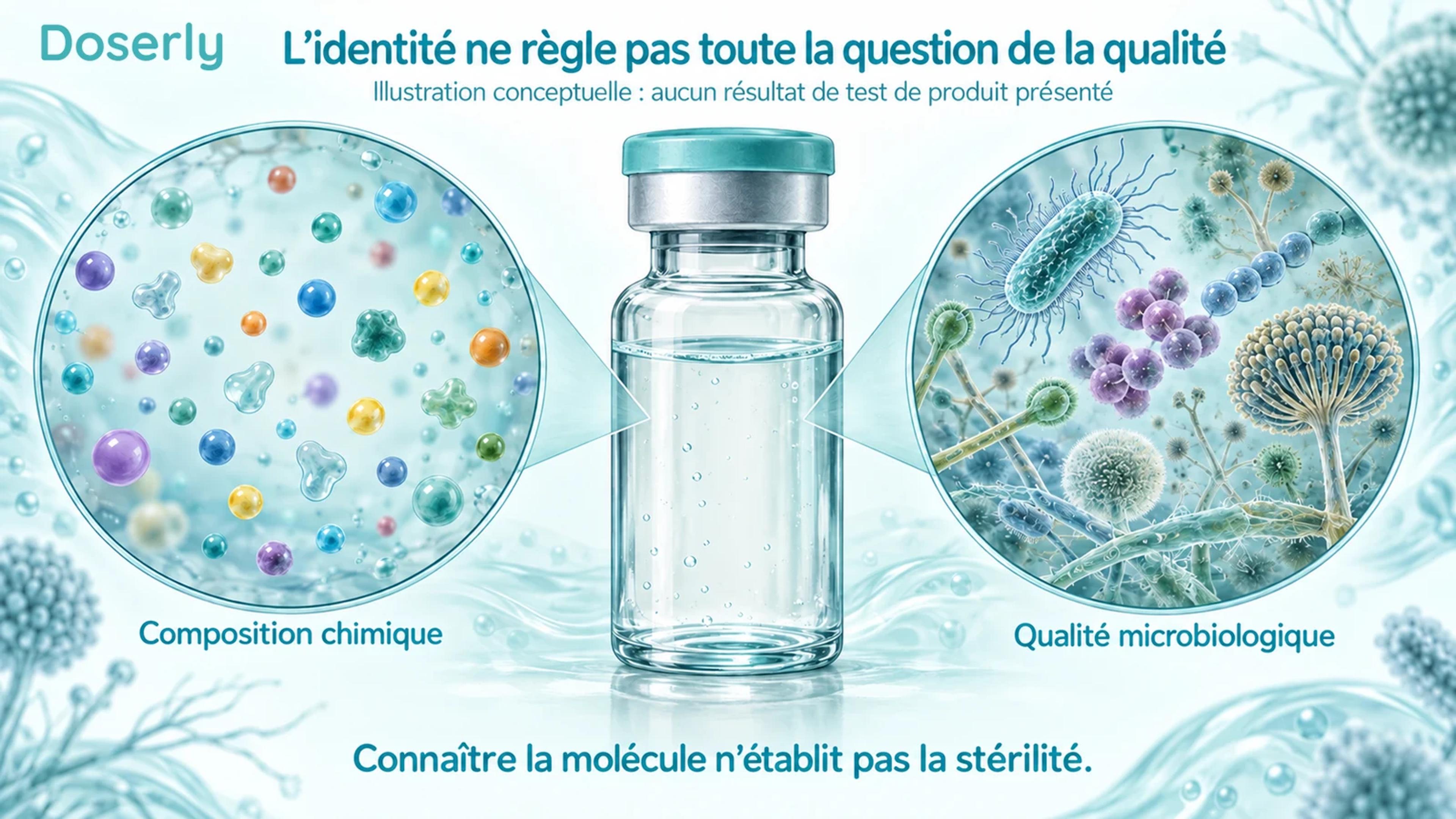 Fiole illustrée avec des agrandissements conceptuels distincts de particules chimiques et de microorganismes, soulignant que l’identité et la qualité microbiologique sont des questions différentes.
