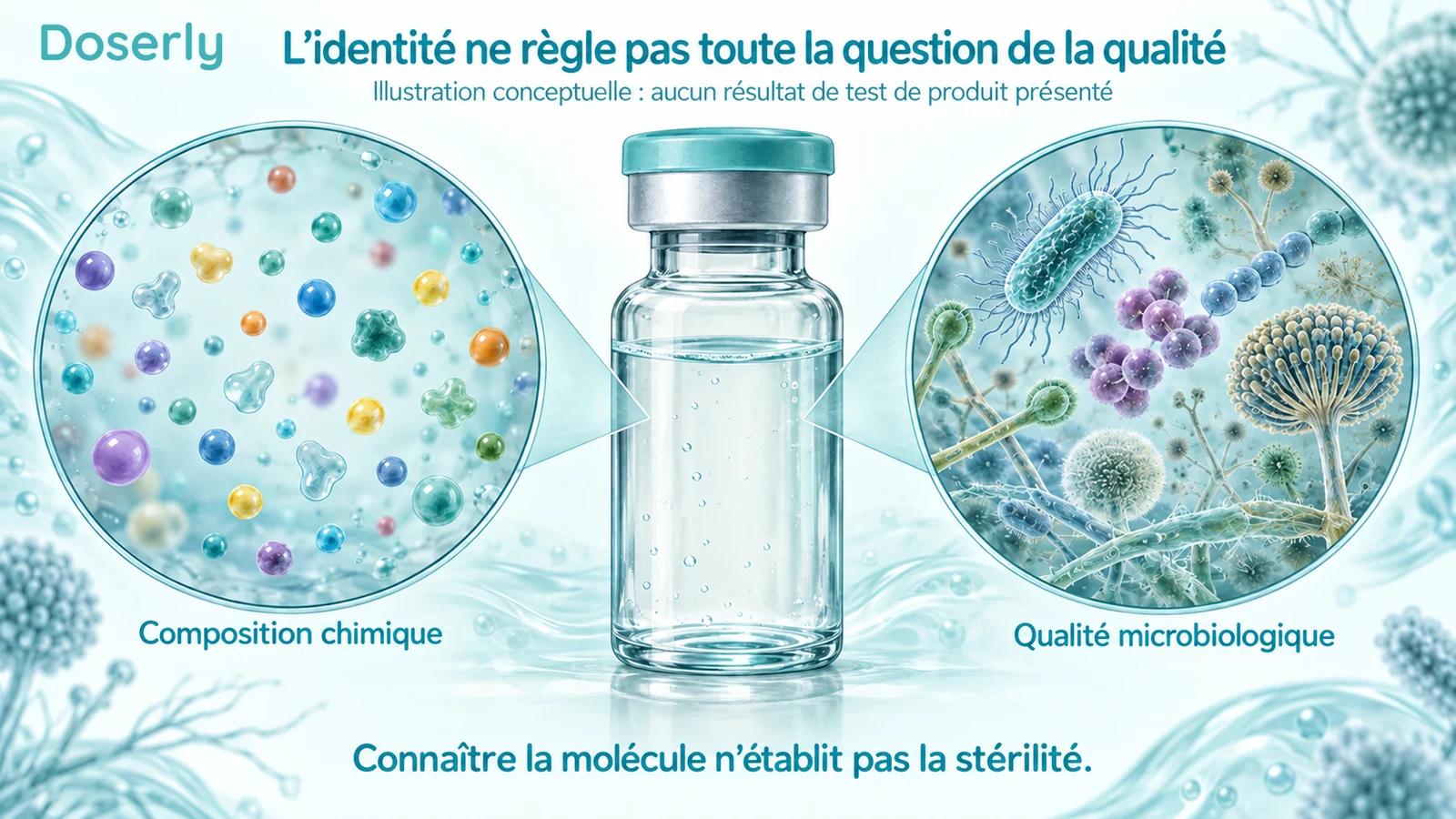 Fiole illustrée avec des agrandissements conceptuels distincts de particules chimiques et de microorganismes, soulignant que l’identité et la qualité microbiologique sont des questions différentes.