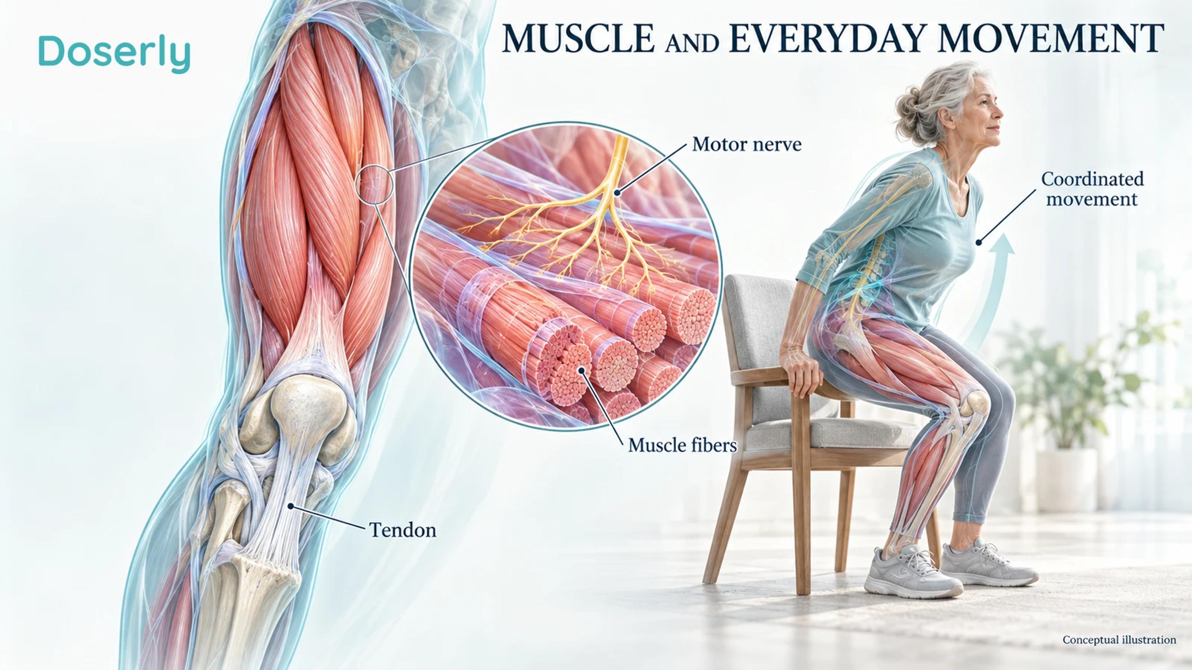 Detailed thigh muscle, tendon and motor nerve alongside an older adult rising from a chair.