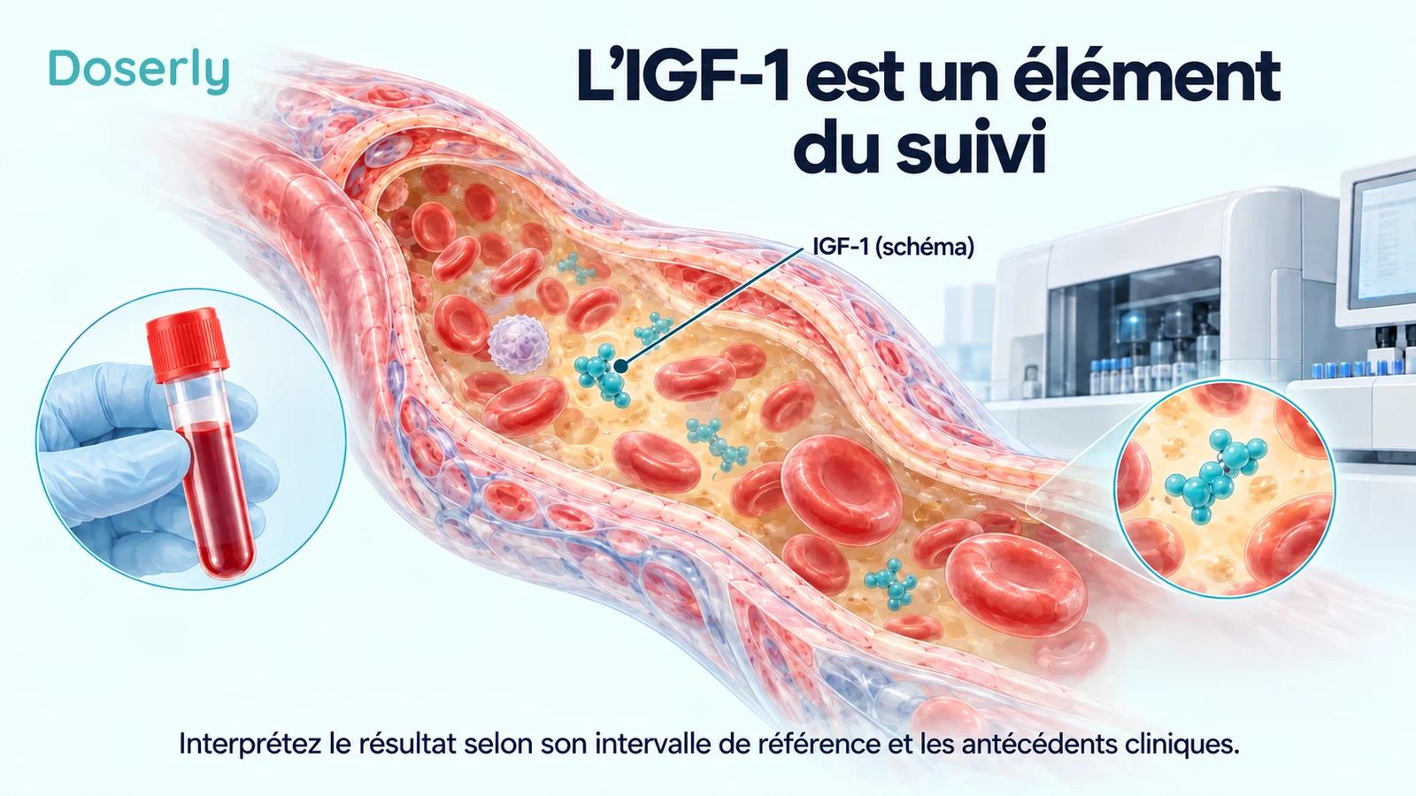 Illustration d’un vaisseau sanguin, de molécules schématiques d’IGF-1, d’un échantillon sanguin et d’un analyseur de laboratoire