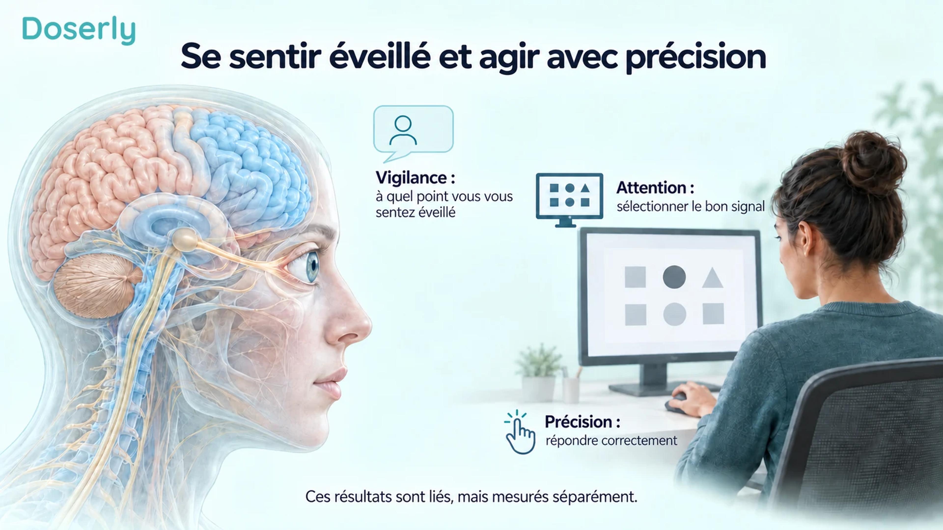 Une tête et un cerveau translucides à côté d’une personne effectuant une tâche visuelle illustrent la vigilance, l’attention et la précision.