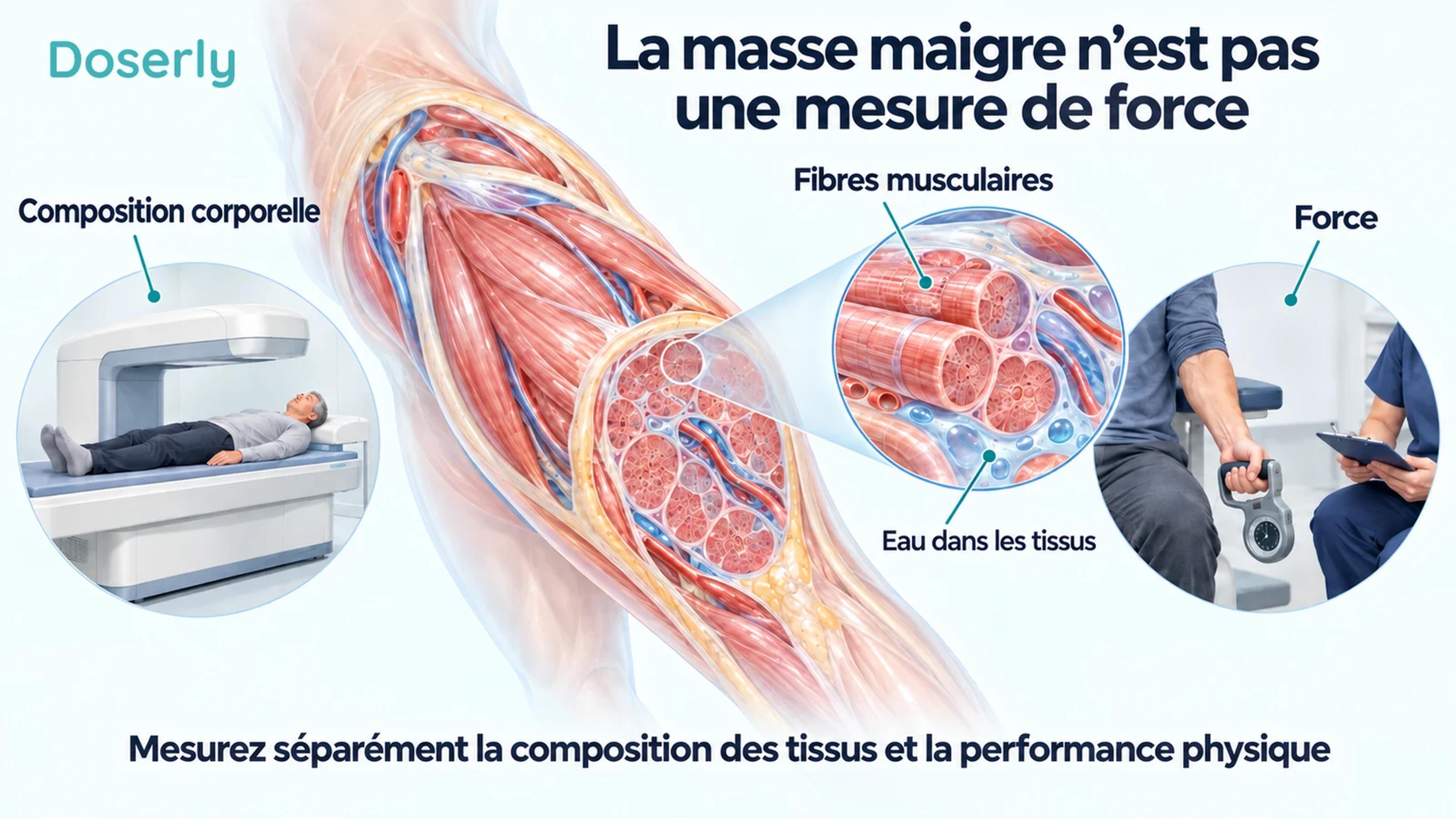 Illustration détaillée des muscles de la cuisse et de l’eau dans les tissus, entre un examen DXA et une évaluation supervisée de la force de préhension.