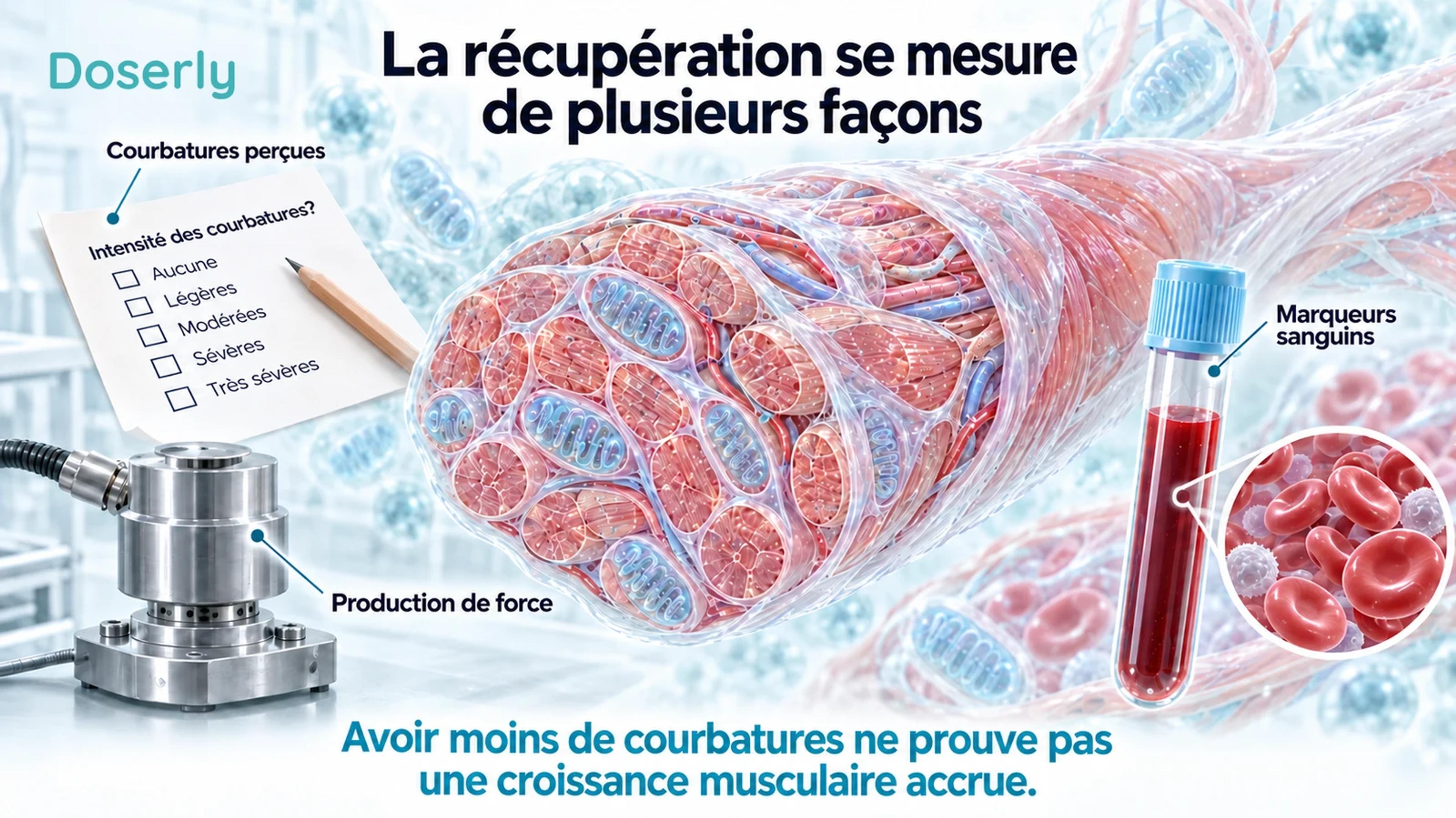Un questionnaire sur les courbatures, un capteur de force et un tube de sang entourent une illustration détaillée de fibres musculaires.