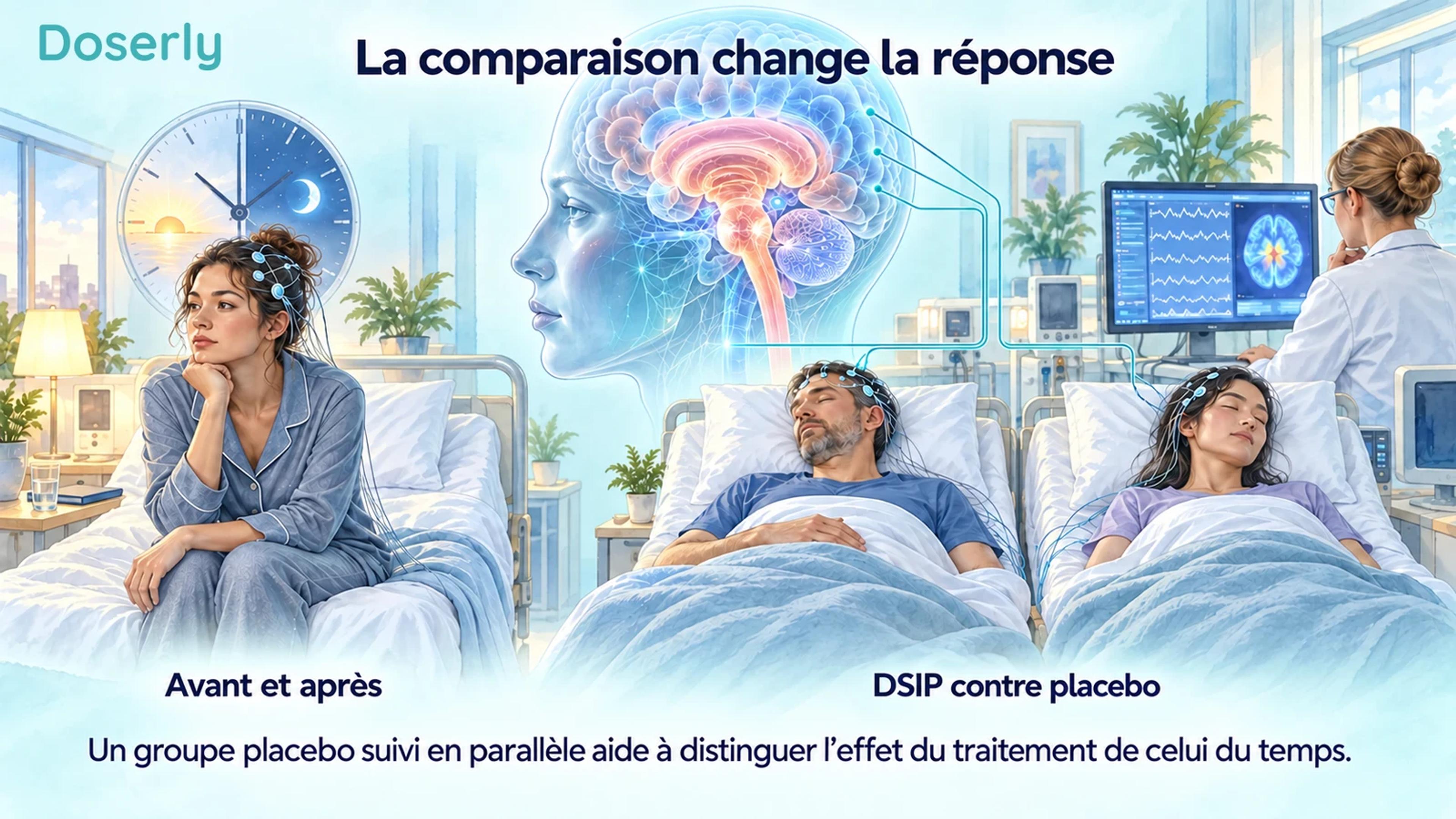 Une observation initiale antérieure mise en contraste avec deux participants suivis simultanément dans une étude clinique du sommeil et un chercheur.
