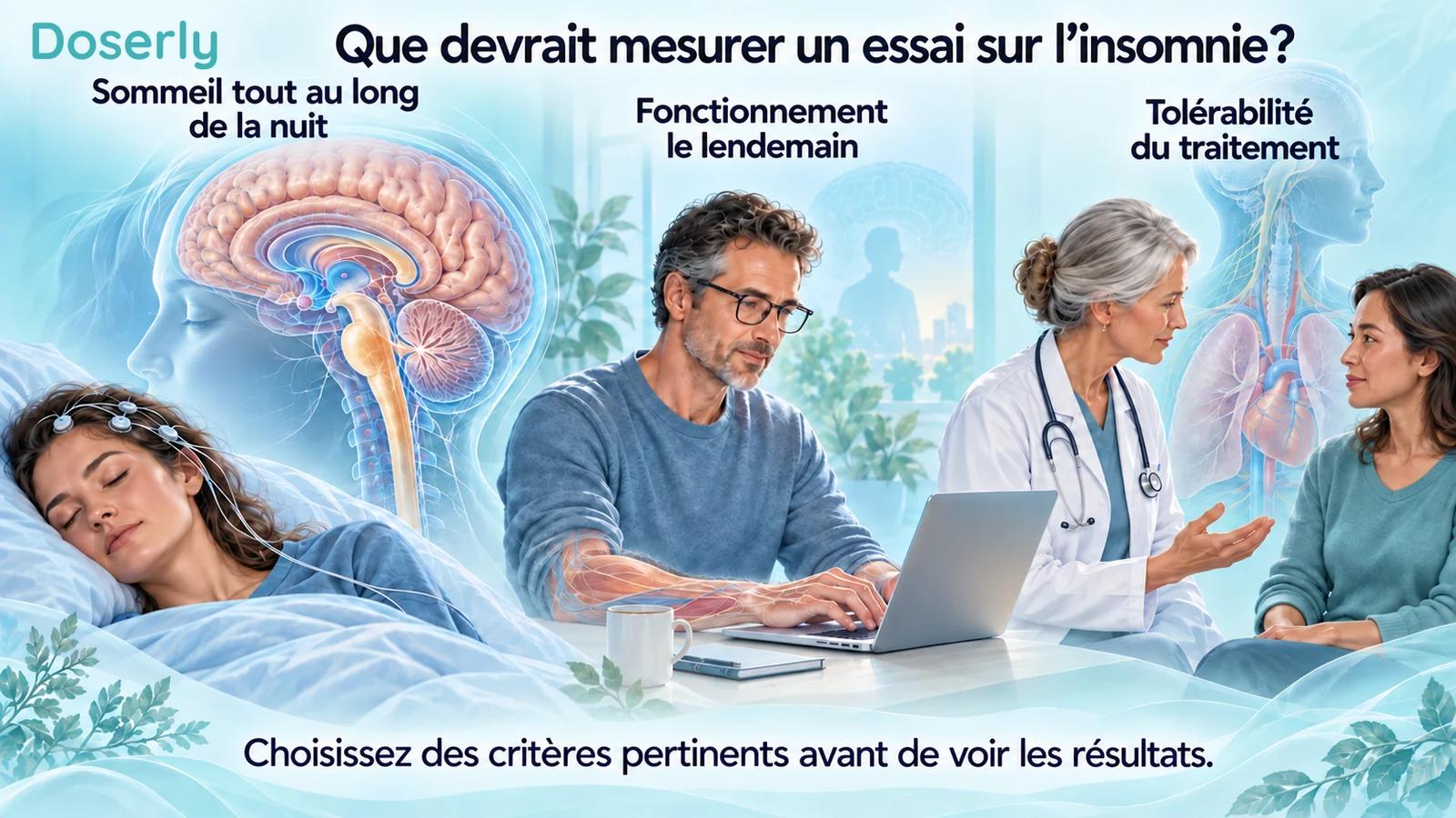Le sommeil nocturne, le fonctionnement le lendemain et l’évaluation clinique de la tolérabilité illustrés comme des domaines d’évaluation distincts.