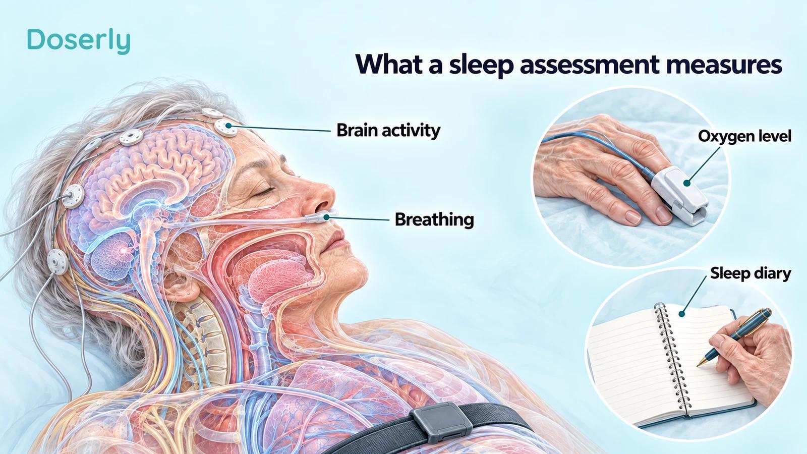Detailed anatomical illustration of an older adult with EEG and breathing sensors, plus separate finger oxygen-sensor and sleep-diary insets.