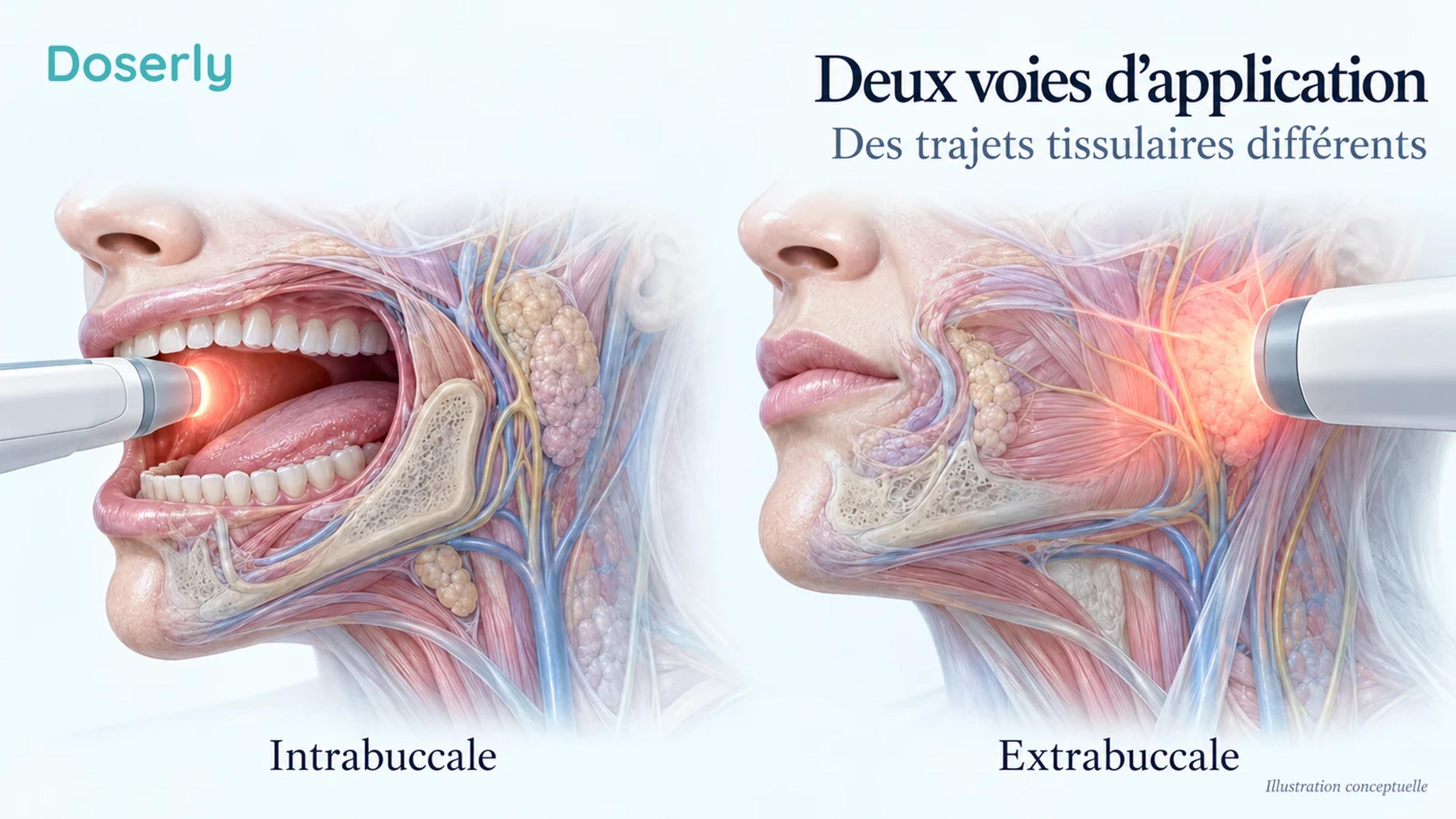 Deux profils de tête conceptuels comparent la lumière délivrée à l’intérieur de la bouche à celle appliquée à l’extérieur de la joue.