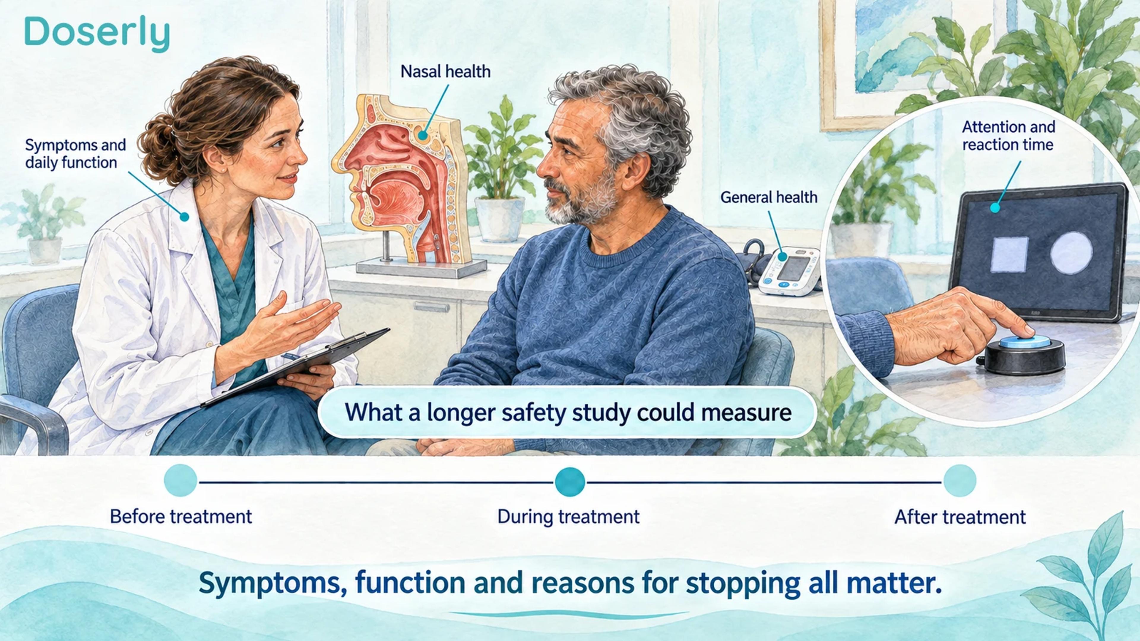 A hypothetical clinical safety assessment with symptom interview, nasal model, response task and before, during and after treatment stages.