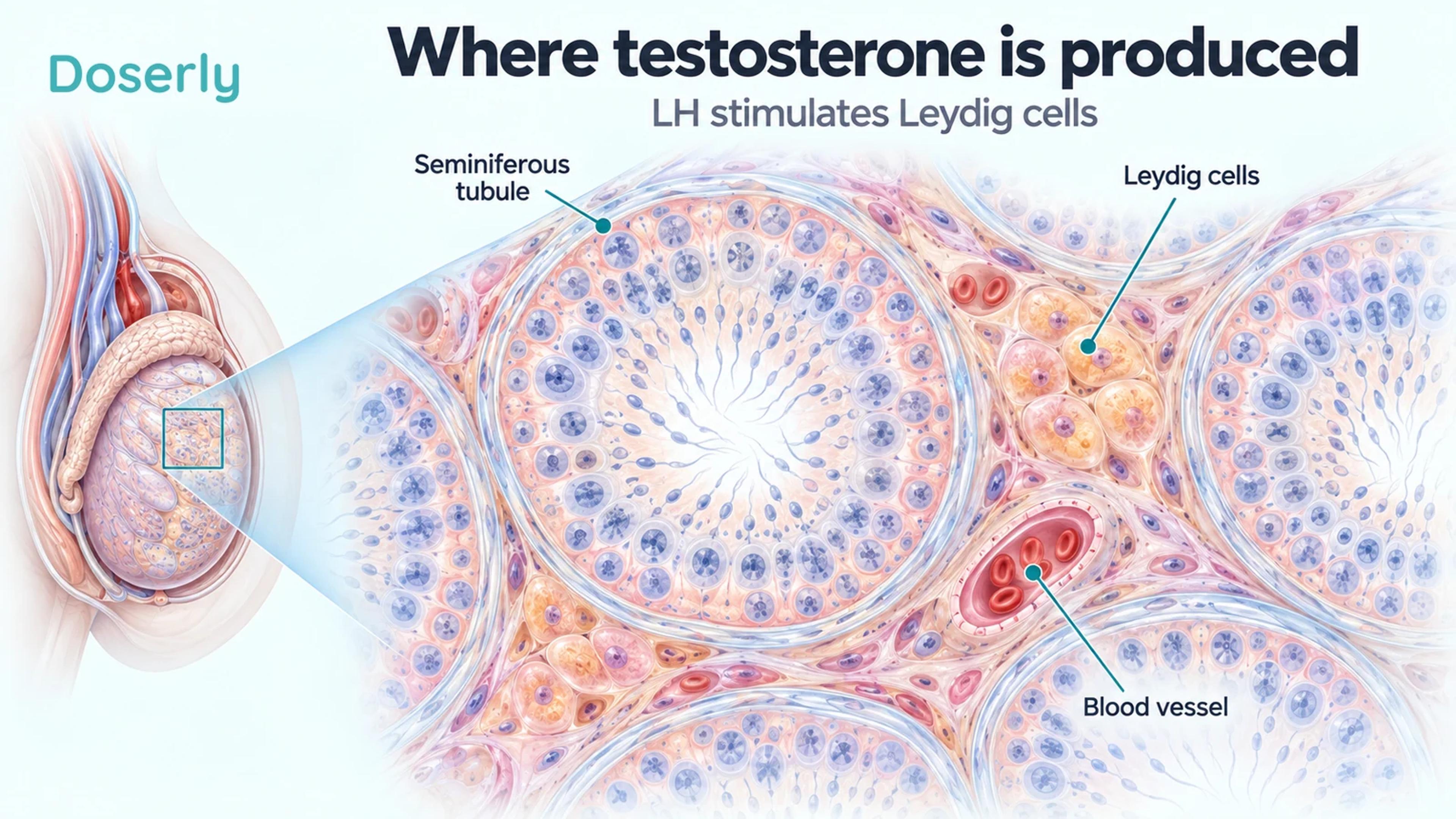 A magnified testicular section shows Leydig cells between seminiferous tubules and nearby blood vessels.