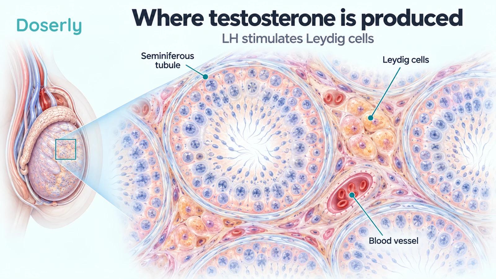 A magnified testicular section shows Leydig cells between seminiferous tubules and nearby blood vessels.