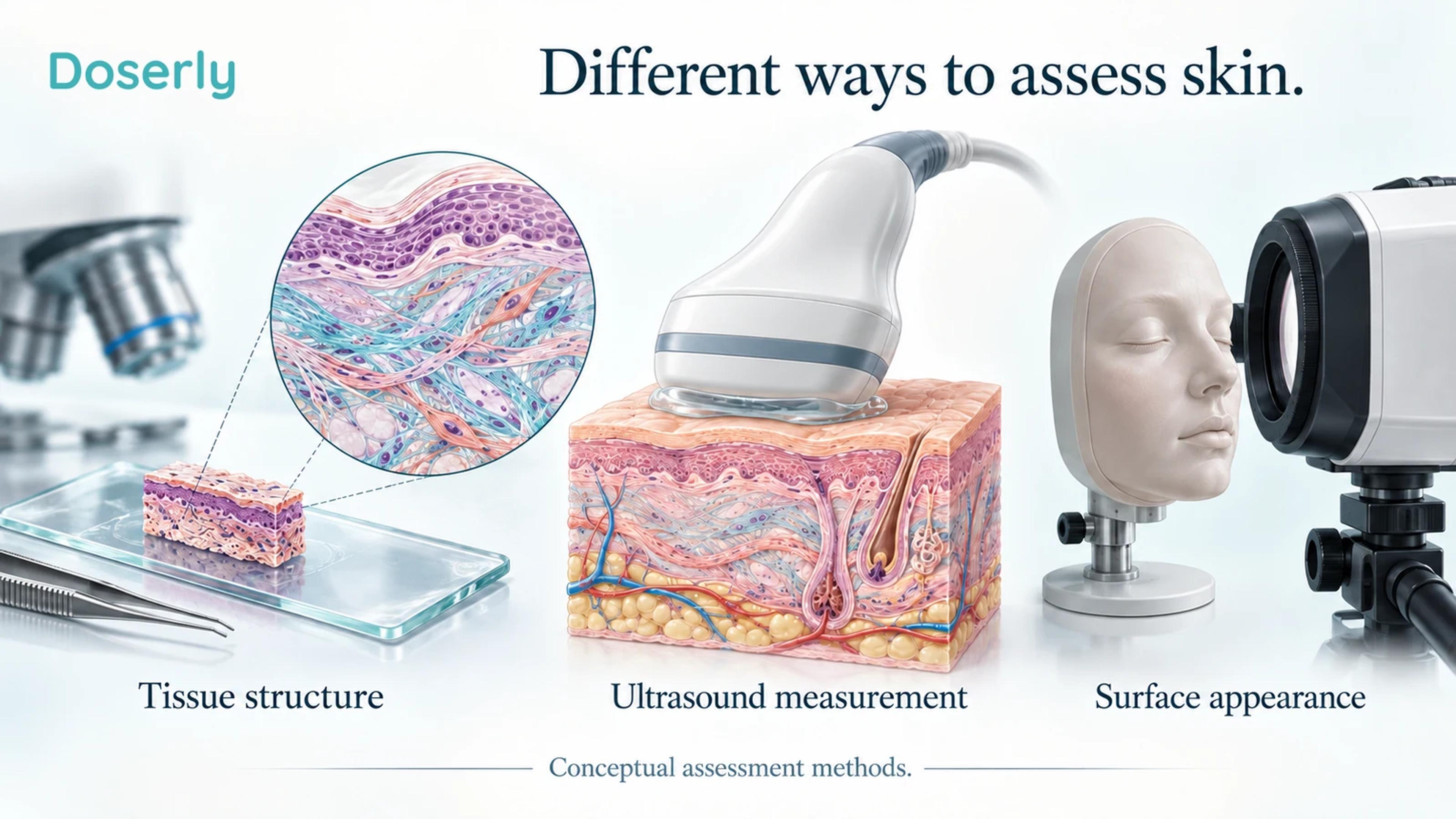 A skin biopsy specimen, ultrasound probe and surface-imaging camera illustrate three different ways of assessing skin.
