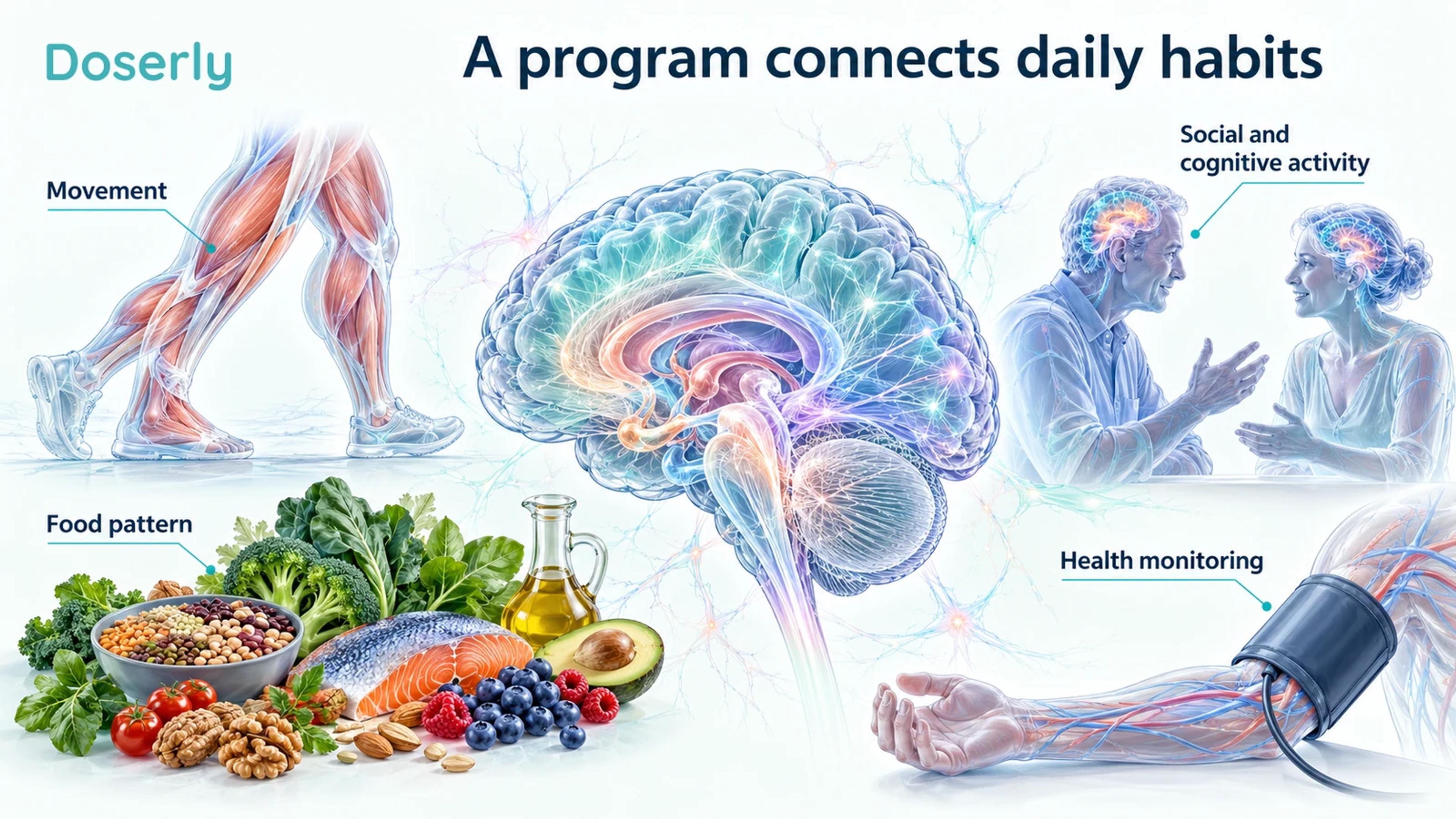 A conceptual brain surrounded by movement, varied foods, conversation and cardiovascular monitoring.