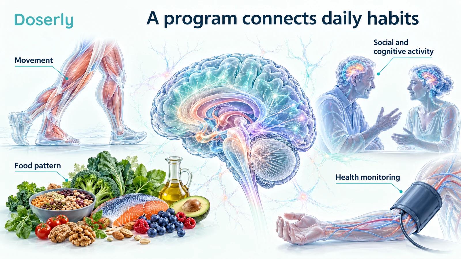 A conceptual brain surrounded by movement, varied foods, conversation and cardiovascular monitoring.
