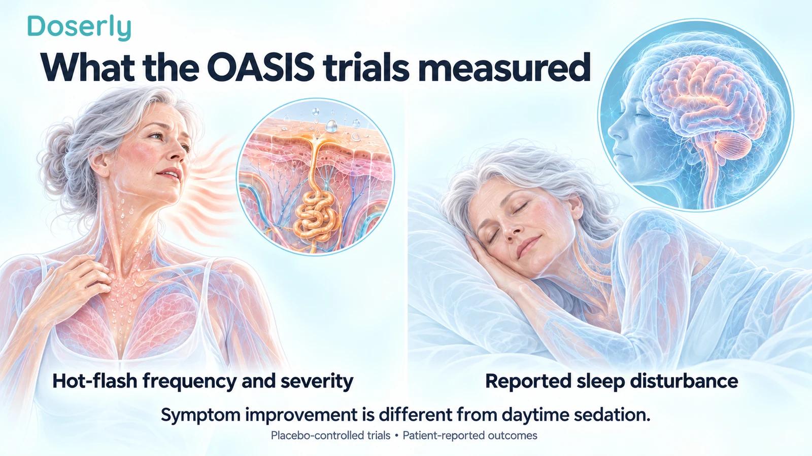 Illustrated women experiencing a daytime hot flash and resting at night, with skin and brain cutaways distinguishing symptom counts from reported sleep disturbance.