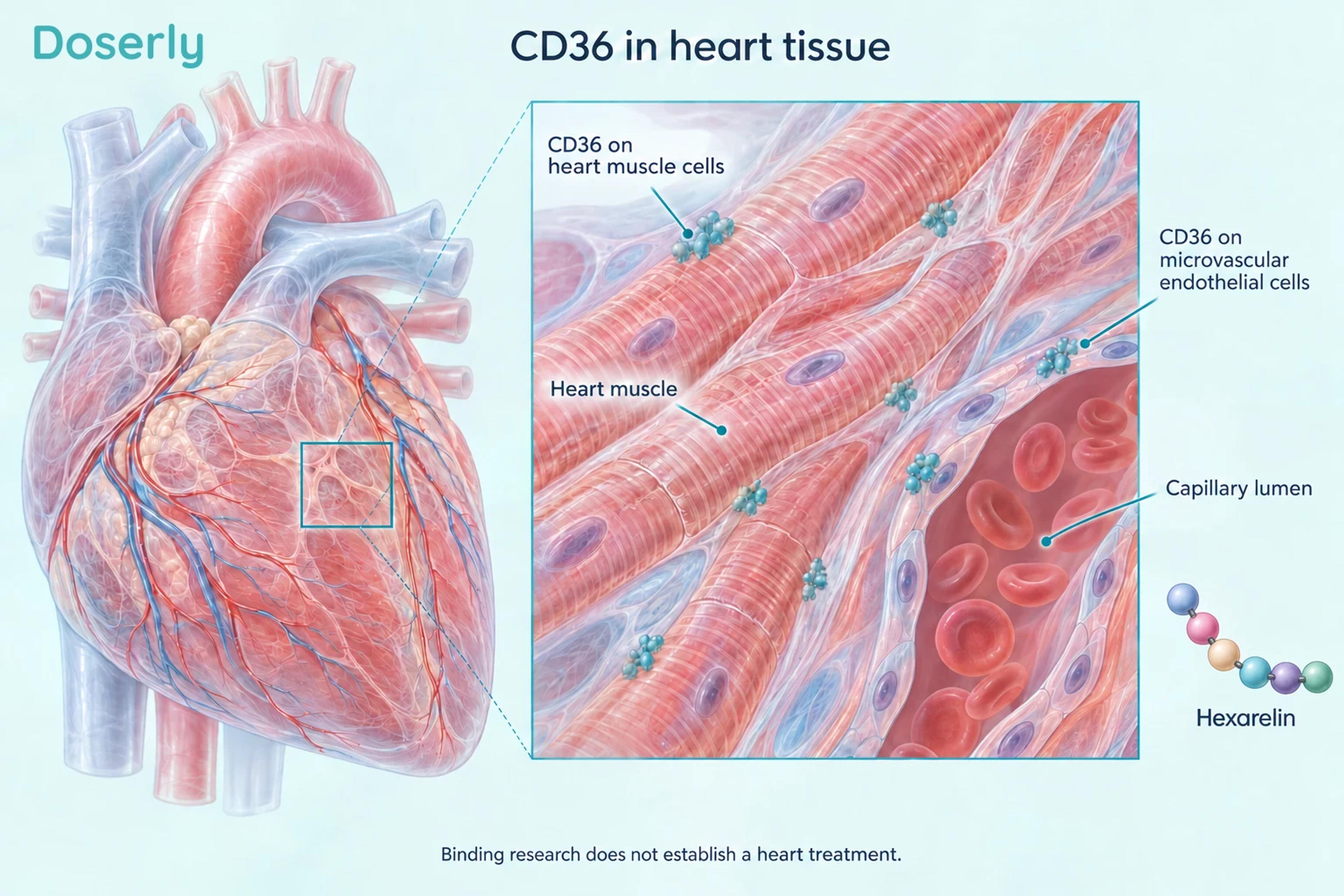 Detailed heart and magnified myocardial tissue showing CD36 at heart-muscle and microvascular endothelial cell surfaces