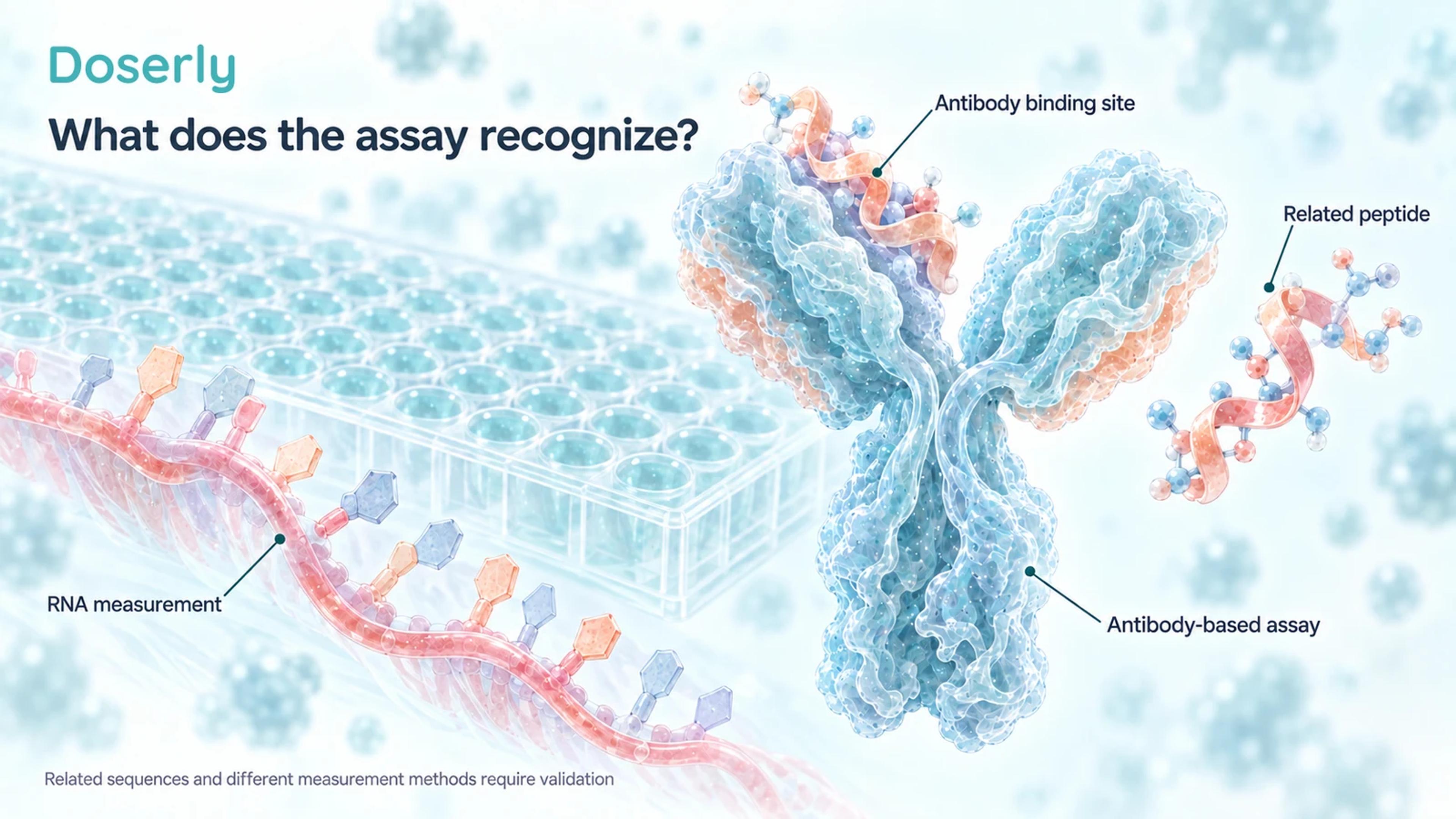 Antibody binding site and related peptide beside a laboratory plate, with single-stranded RNA shown as a different measurement
