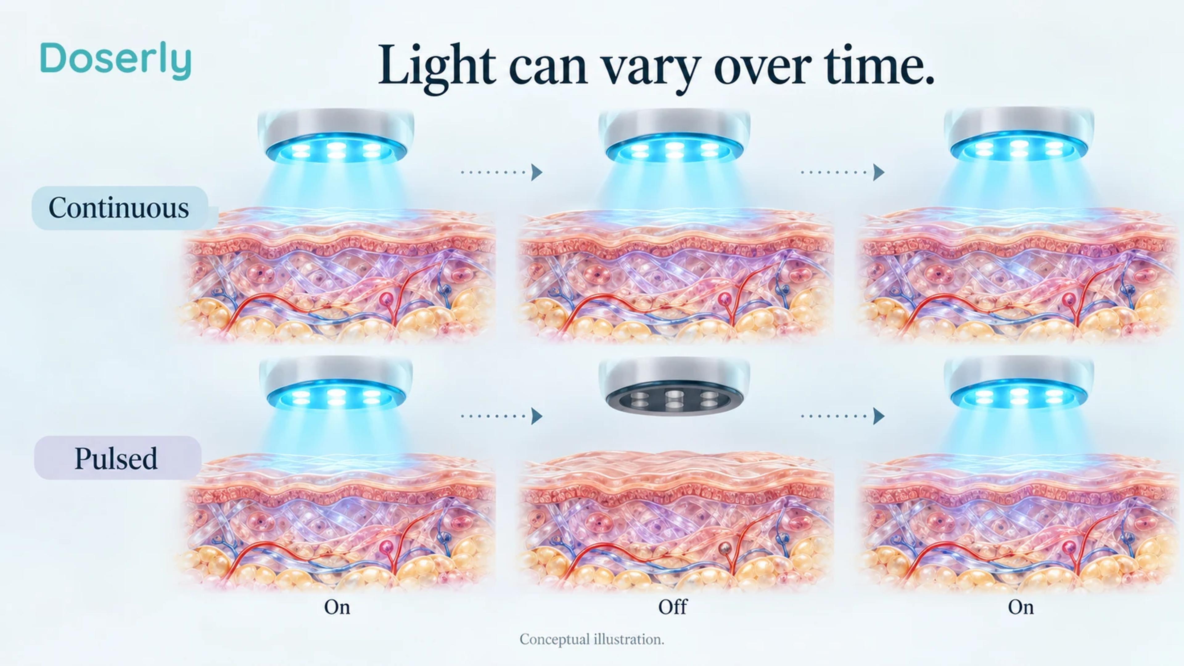 A continuous light source and an intermittently lit source illuminate separate conceptual tissue samples with labeled on and off phases.