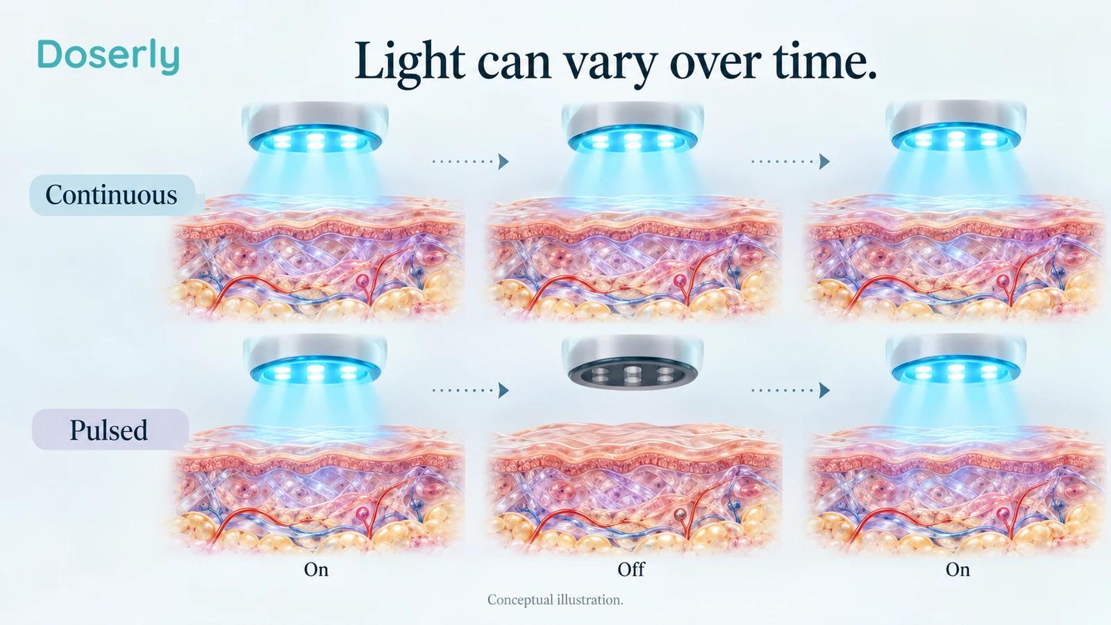 A continuous light source and an intermittently lit source illuminate separate conceptual tissue samples with labeled on and off phases.