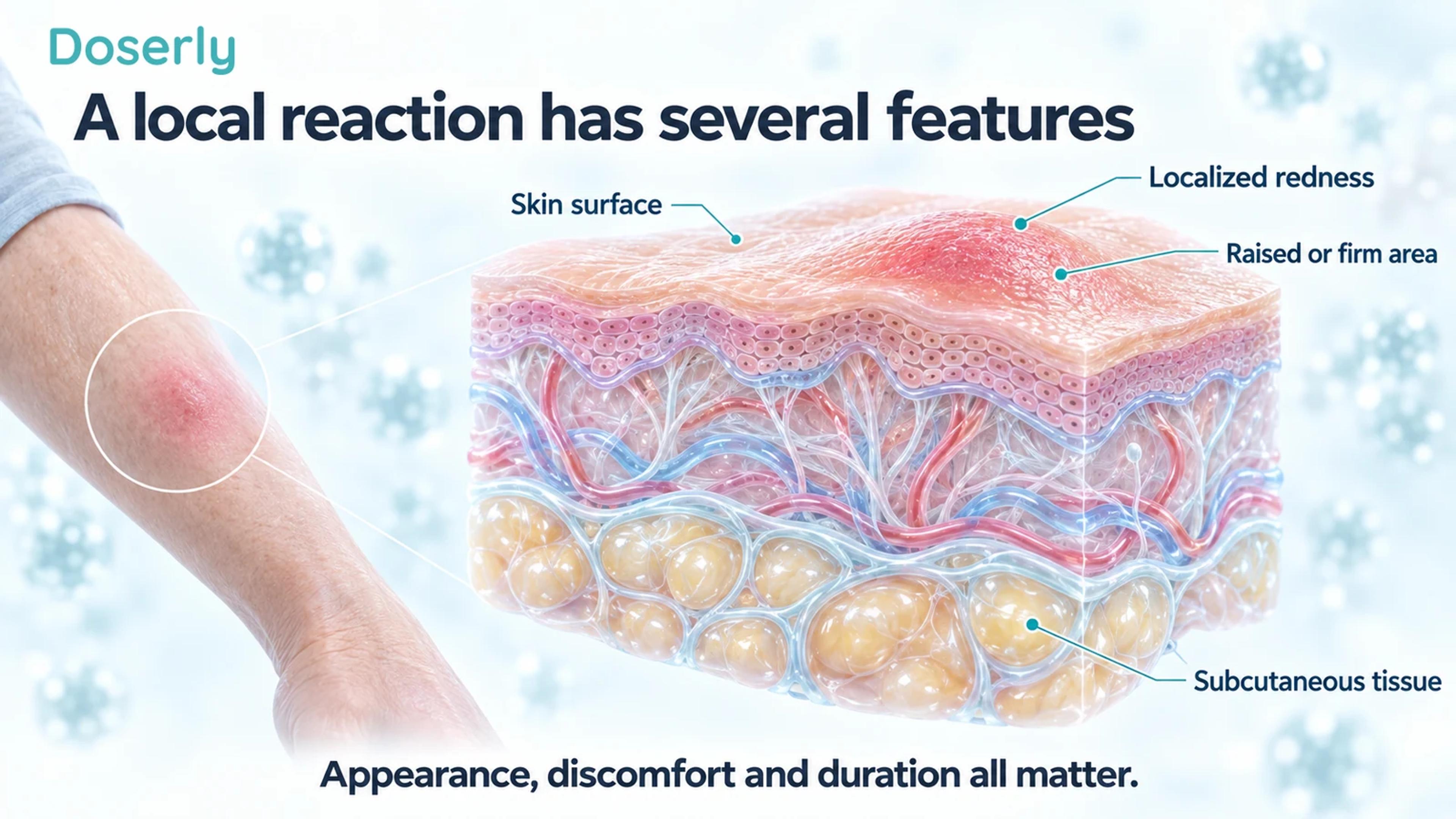 Detailed conceptual skin cross-section showing a localized surface reaction and underlying subcutaneous tissue.