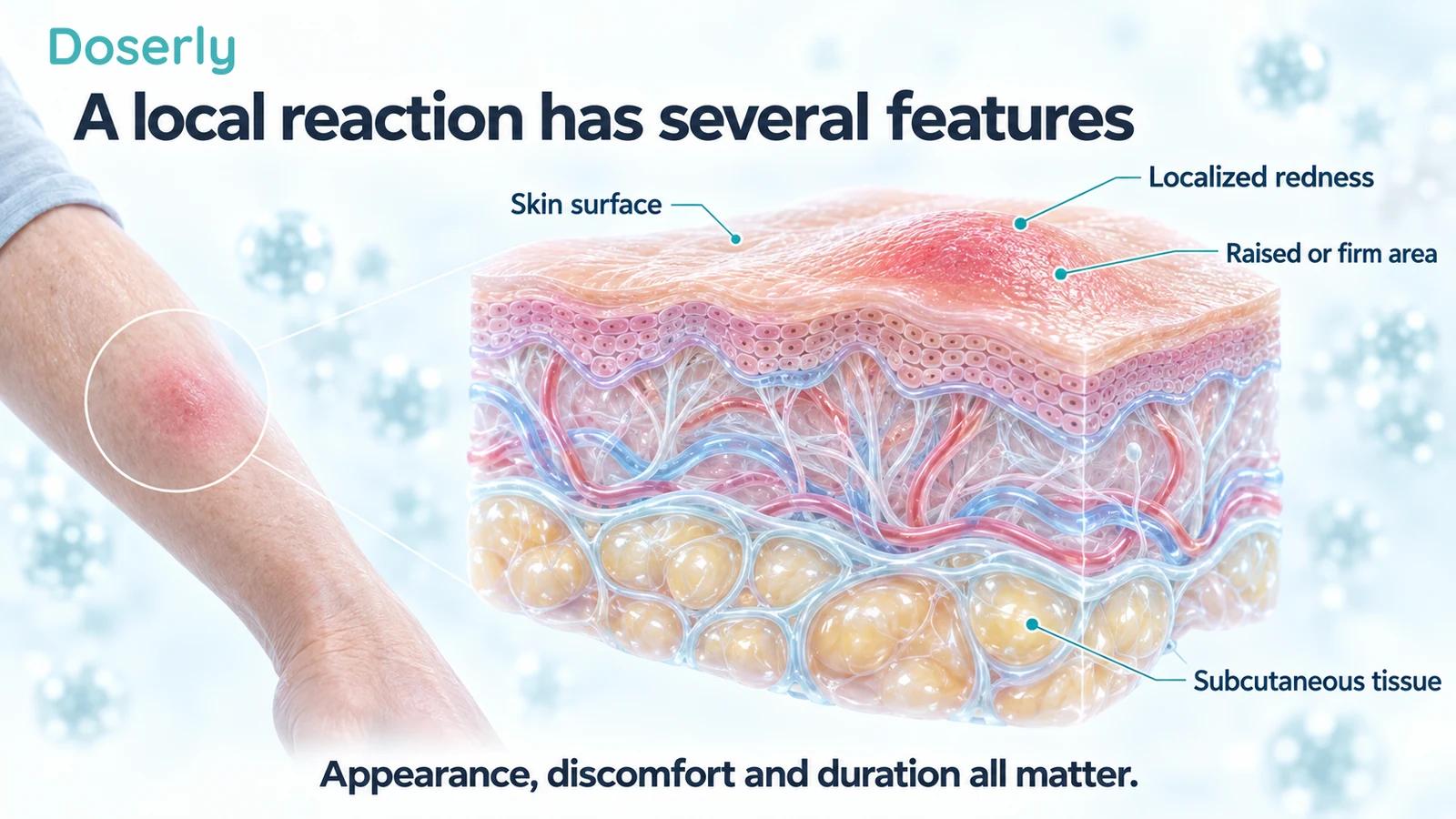 Detailed conceptual skin cross-section showing a localized surface reaction and underlying subcutaneous tissue.