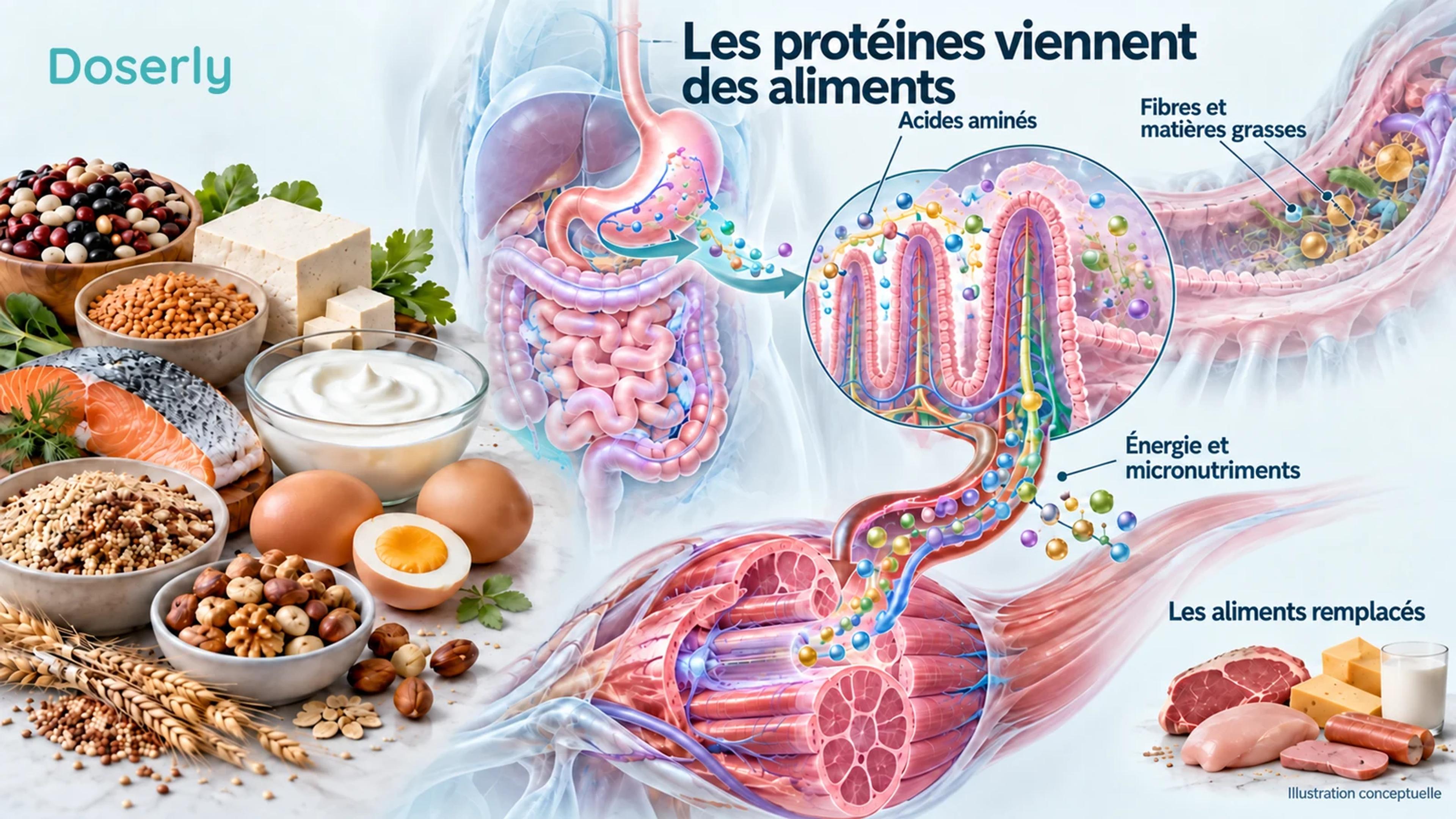 Des aliments contenant des protéines entourent une représentation de l’absorption digestive et une coupe de muscle squelettique