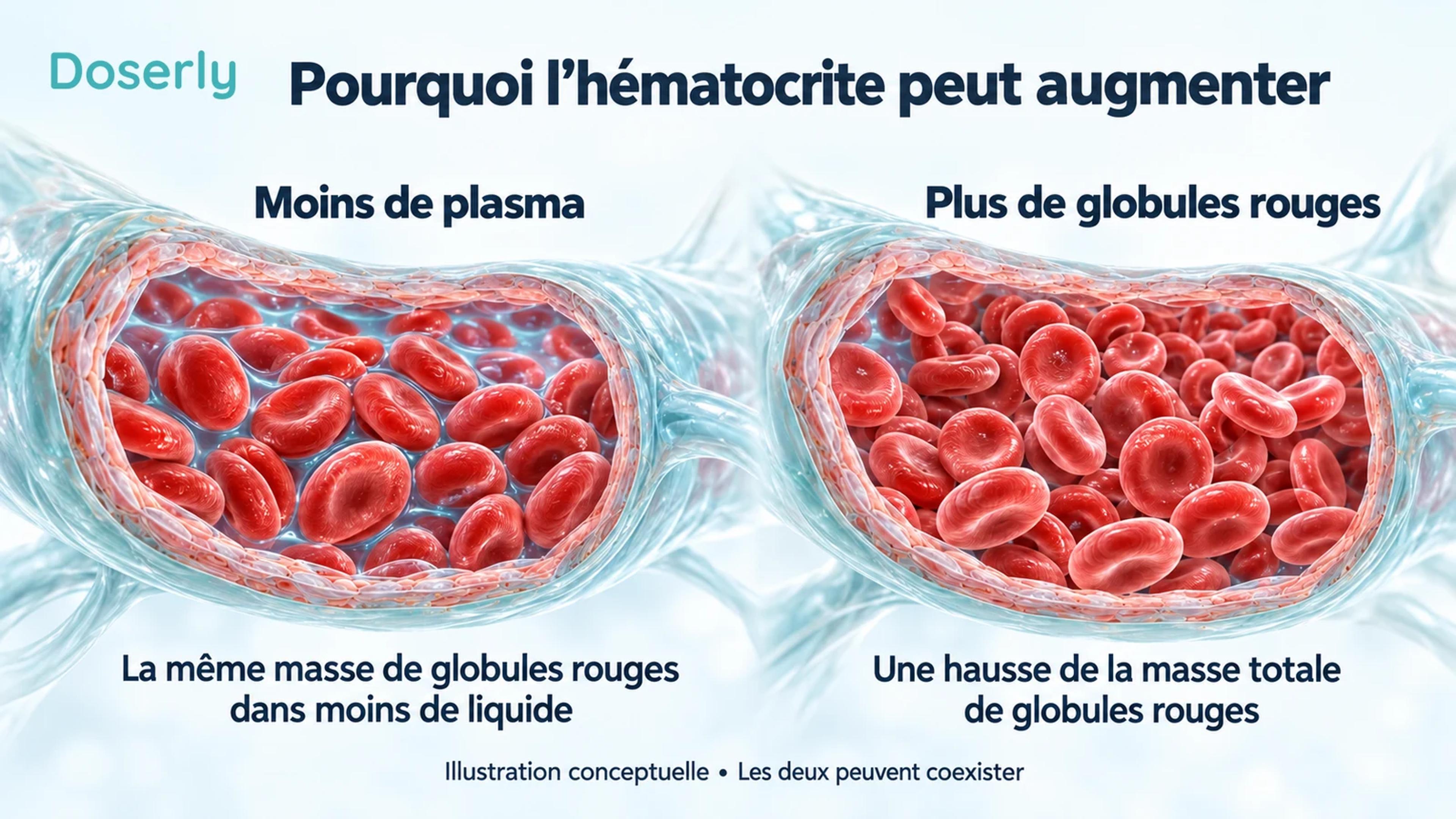 Deux coupes de vaisseaux distinguent une baisse du volume plasmatique d’une augmentation de la masse totale de globules rouges.