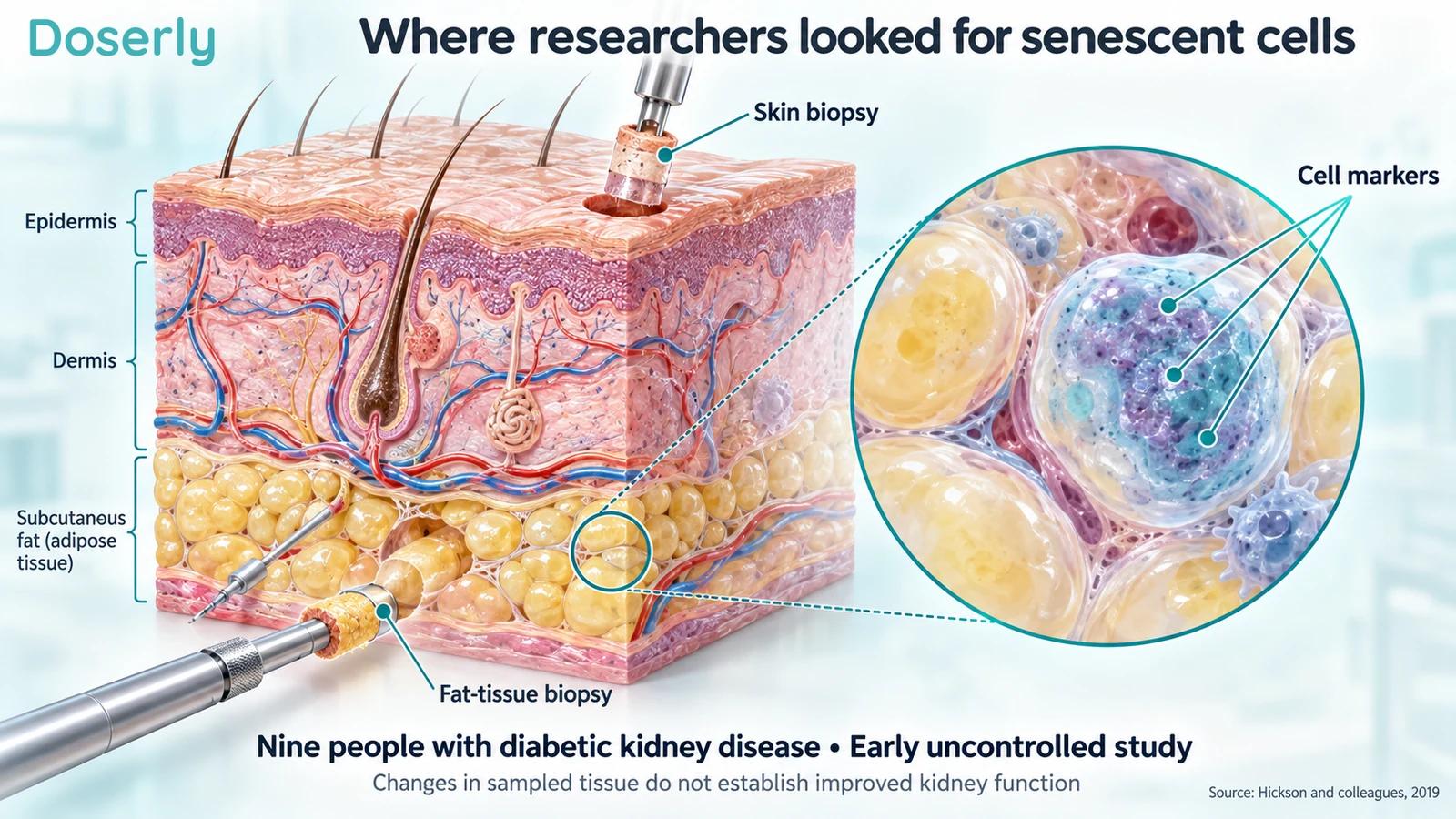Skin and subcutaneous fat anatomy with conceptual biopsy samples and a magnified tissue-cell view.