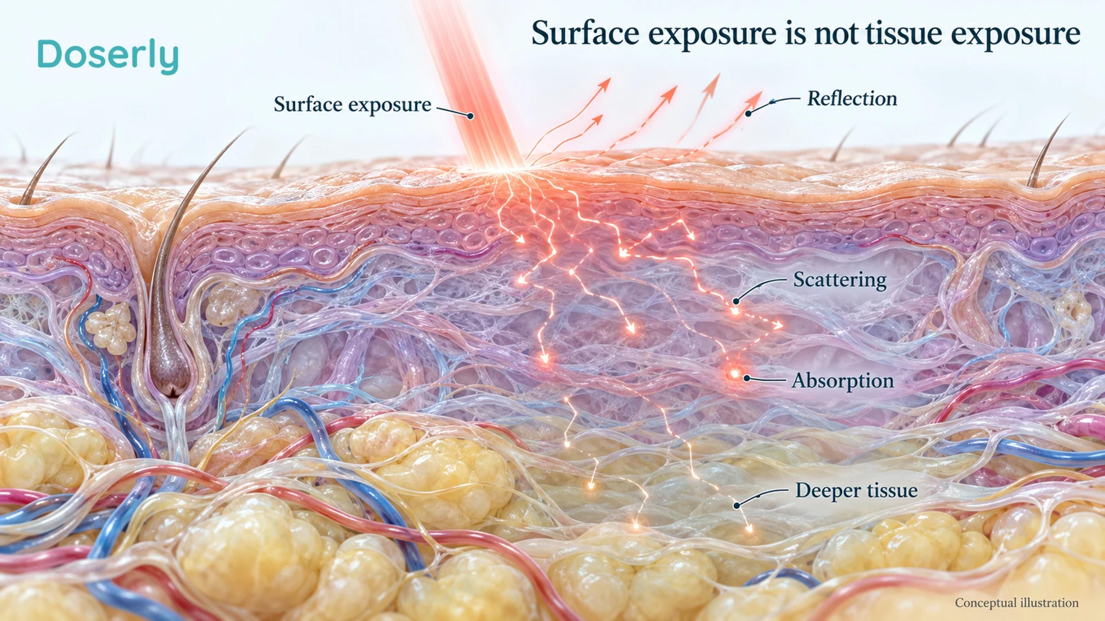 Layered skin showing incoming light, reflection, scattering and absorption before light reaches deeper tissue.