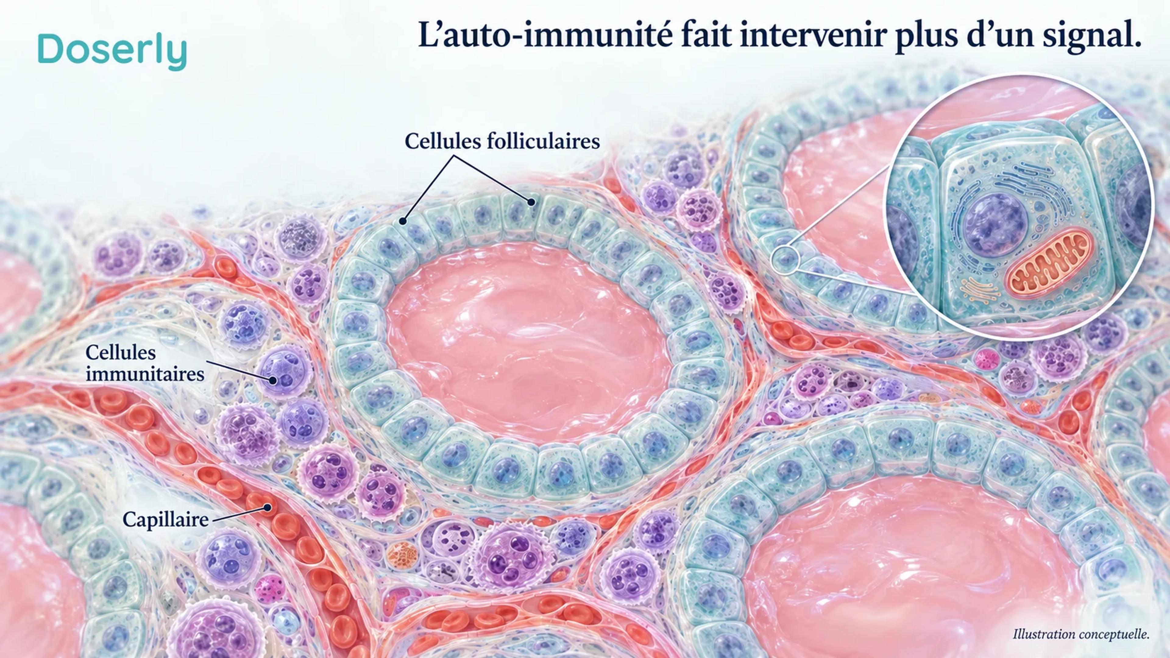 Un follicule thyroïdien conceptuel est entouré de cellules immunitaires et de petits vaisseaux sanguins.