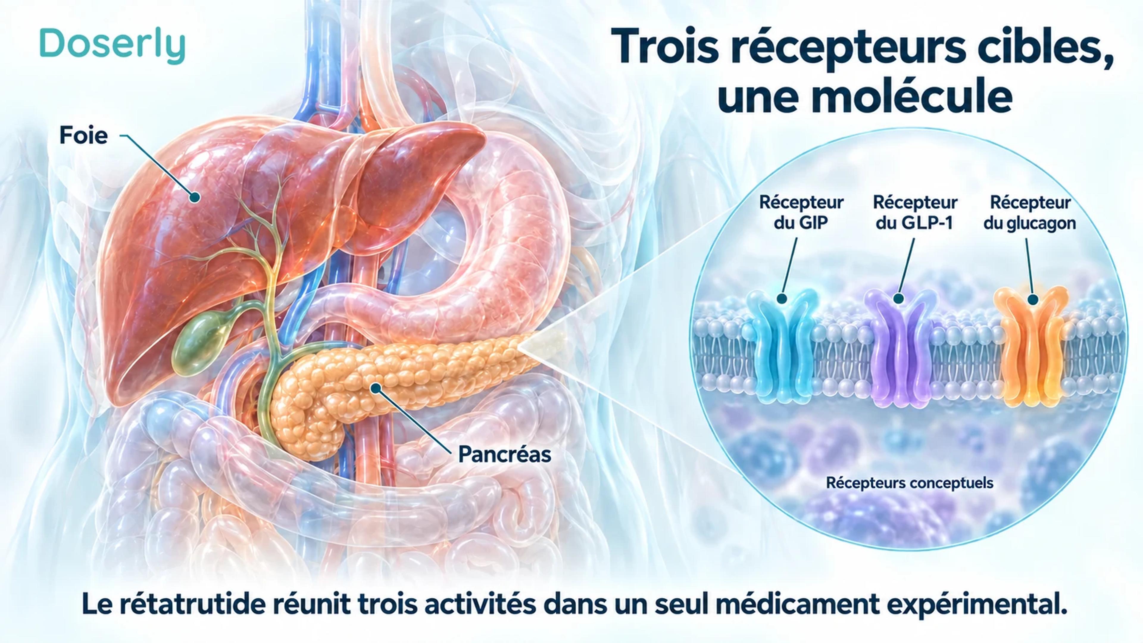 Foie et pancréas à côté de trois formes conceptuelles de récepteurs portant les mentions GIP, GLP-1 et glucagon.