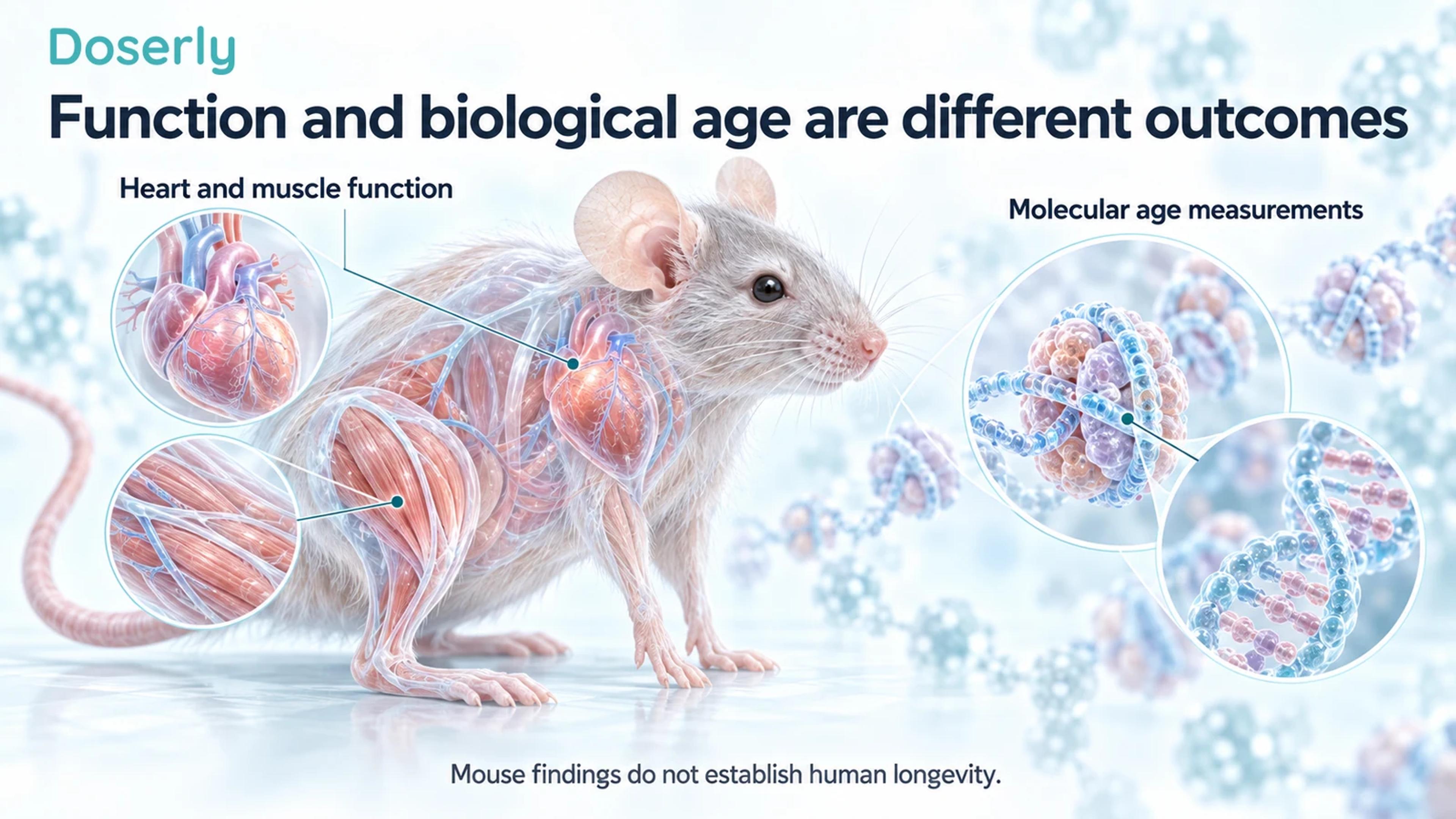 An older laboratory mouse with conceptual heart, muscle and molecular-measurement insets.