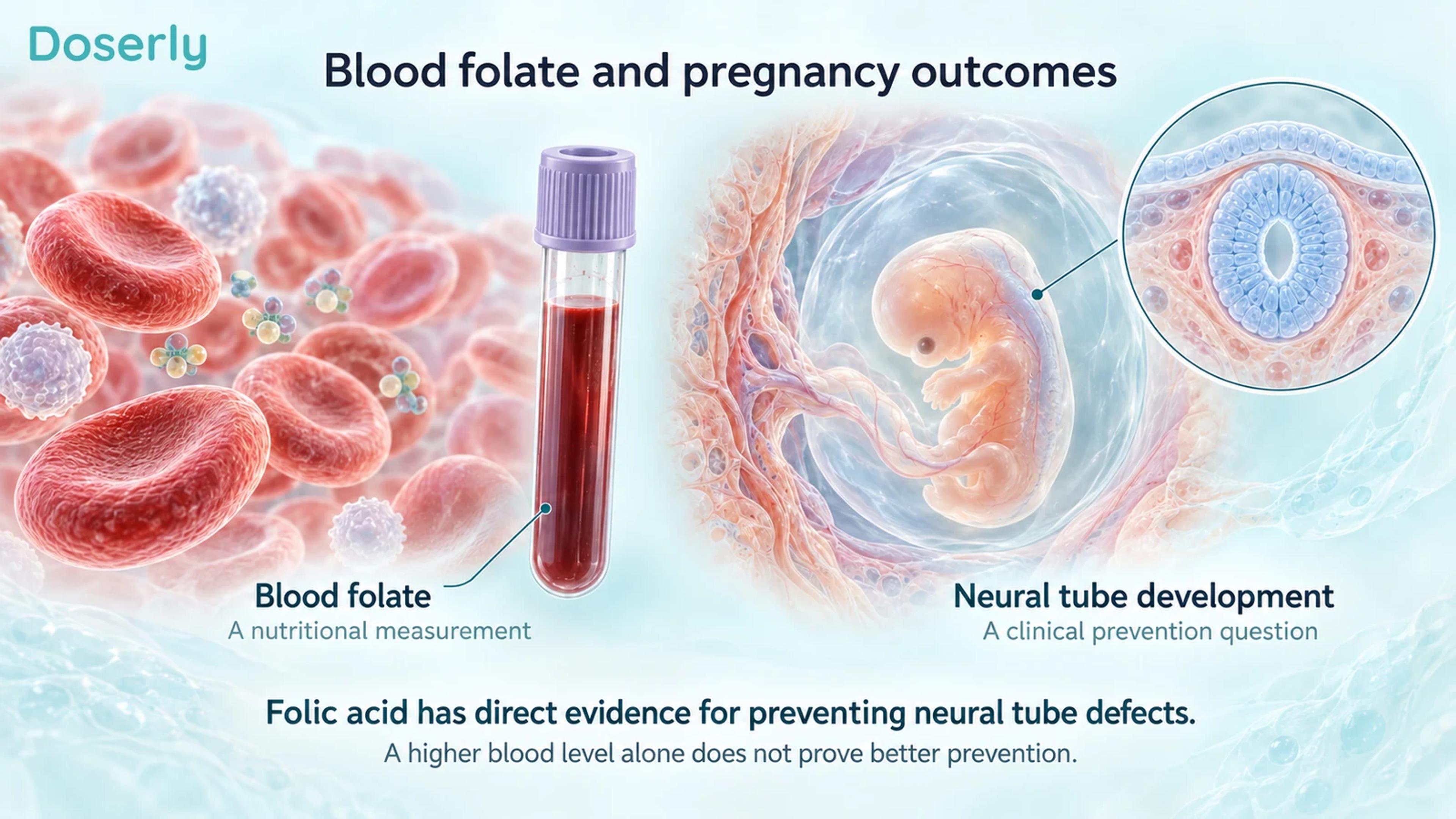 Blood cells and a sample tube are contrasted with conceptual embryonic anatomy and a closed neural-tube cross-section.